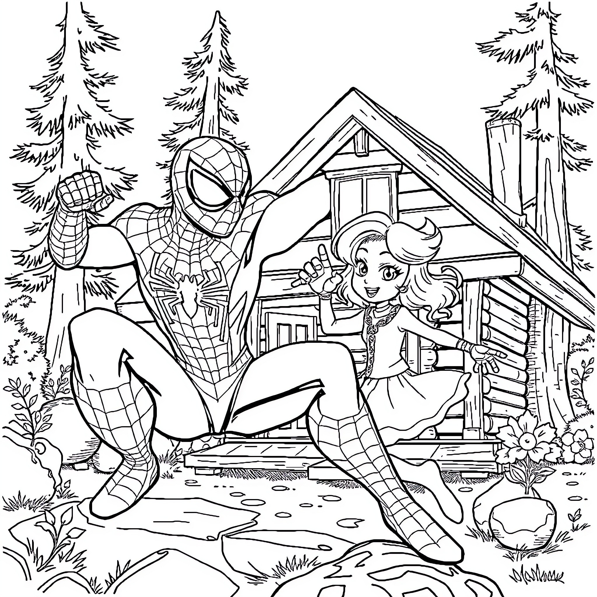 Spiderman's enchanted forest adventure Coloring Page (free black-and-white line drawing printable PDF for all, from beginners to advanced learners, including children, teens, adults, and seniors)