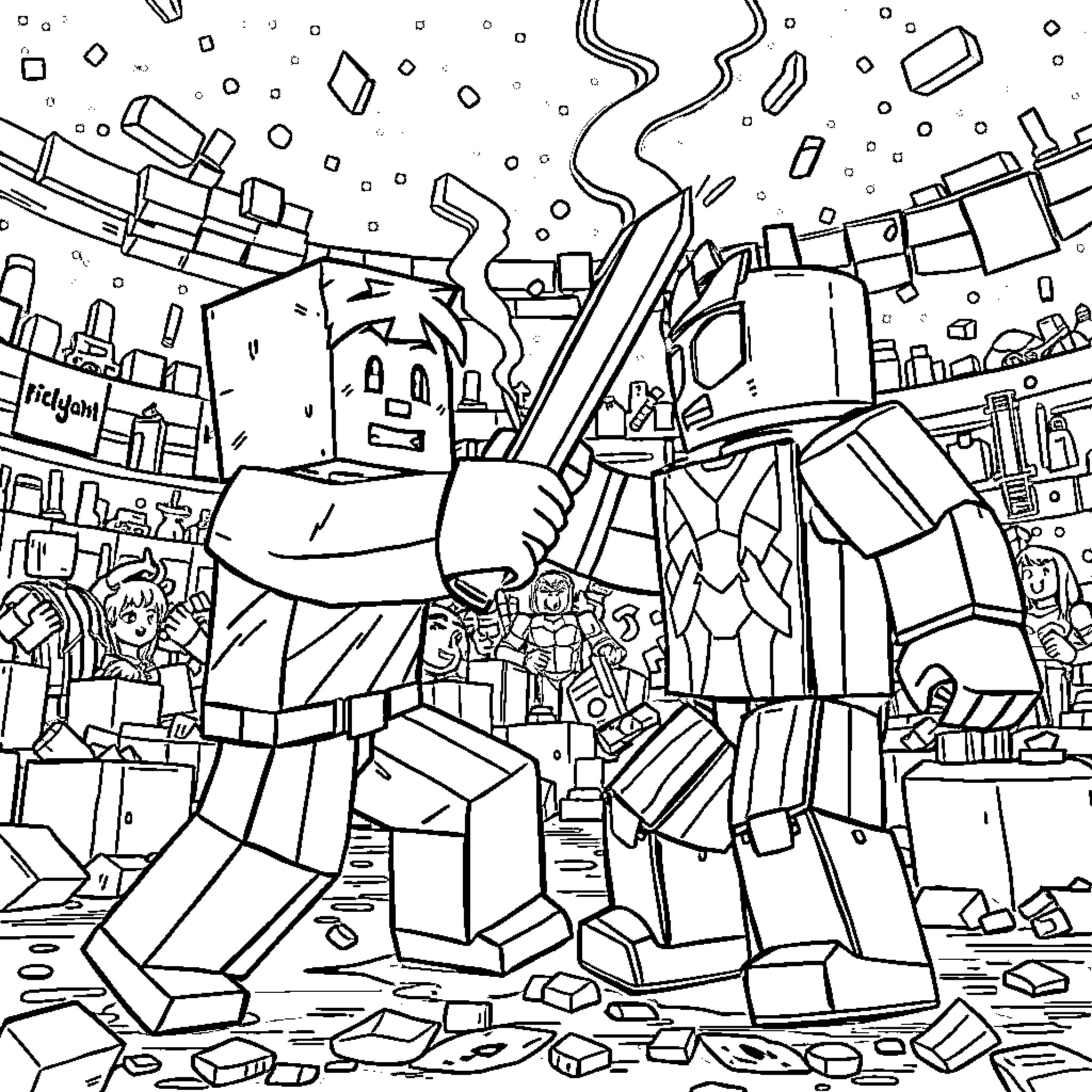 Minecraft Player Exploring a Bustling Block-Based World Coloring Page (free black-and-white line drawing printable PDF for all, from beginners to advanced learners, including children, teens, adults, and seniors)