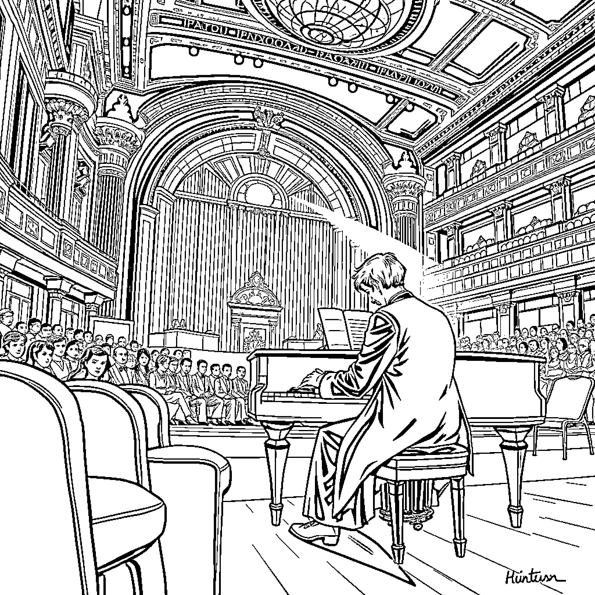 Huntrix Performing for Audience in Ornate Hall Coloring Page (free black-and-white line drawing printable PDF for all, from beginners to advanced learners, including children, teens, adults, and seniors)