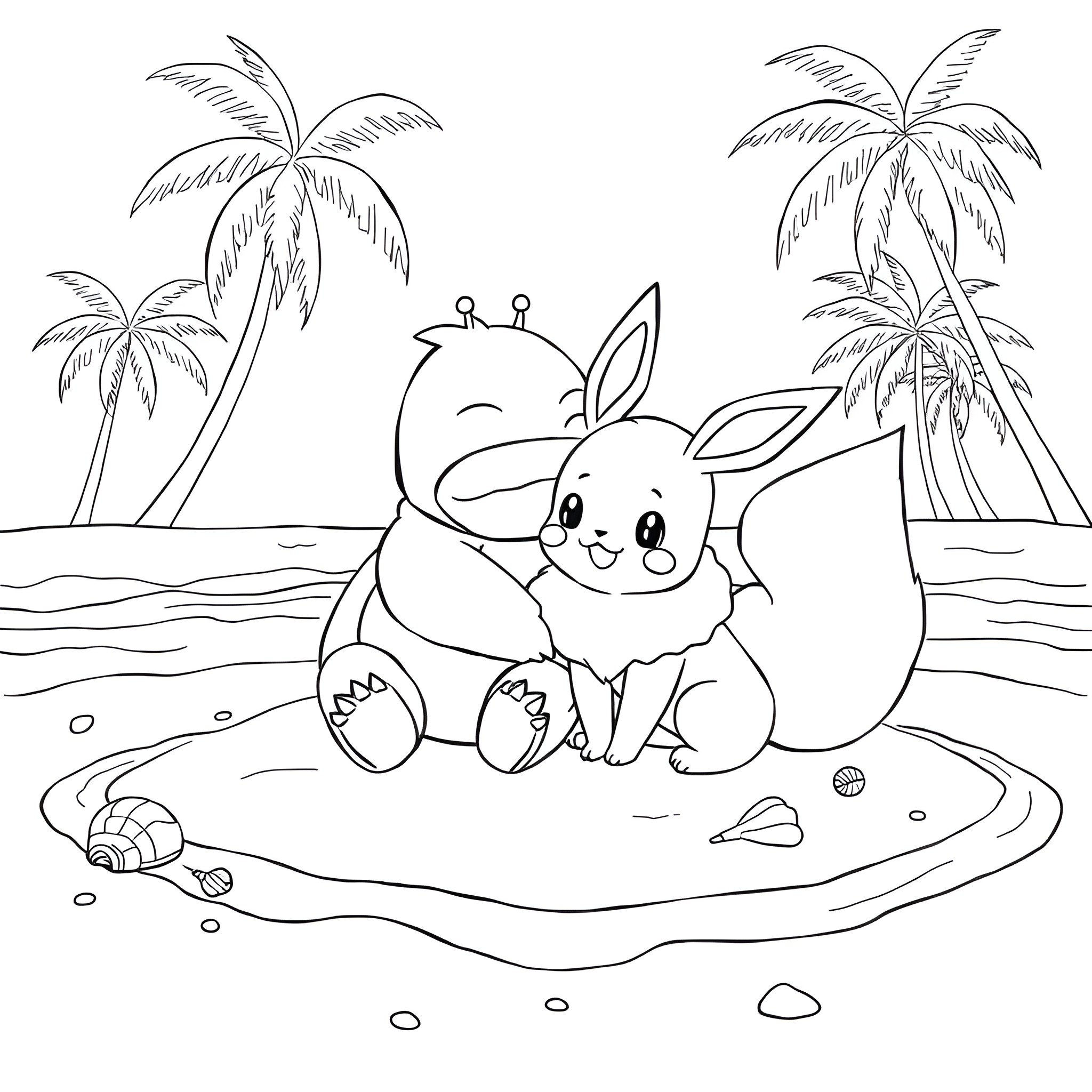 Snorlax enjoying peaceful tropical beach scene Coloring Page (free black-and-white line drawing printable PDF for all, from beginners to advanced learners, including children, teens, adults, and seniors)
