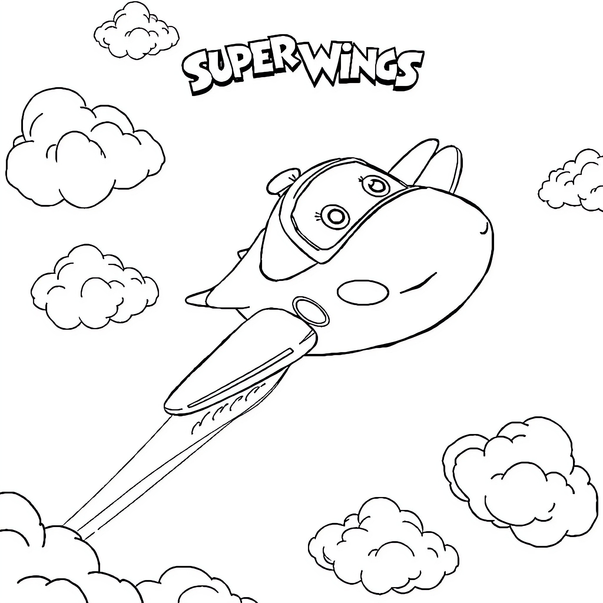 Superwings characters flying through the clouds Coloring Page (free black-and-white line drawing printable PDF for all, from beginners to advanced learners, including children, teens, adults, and seniors)