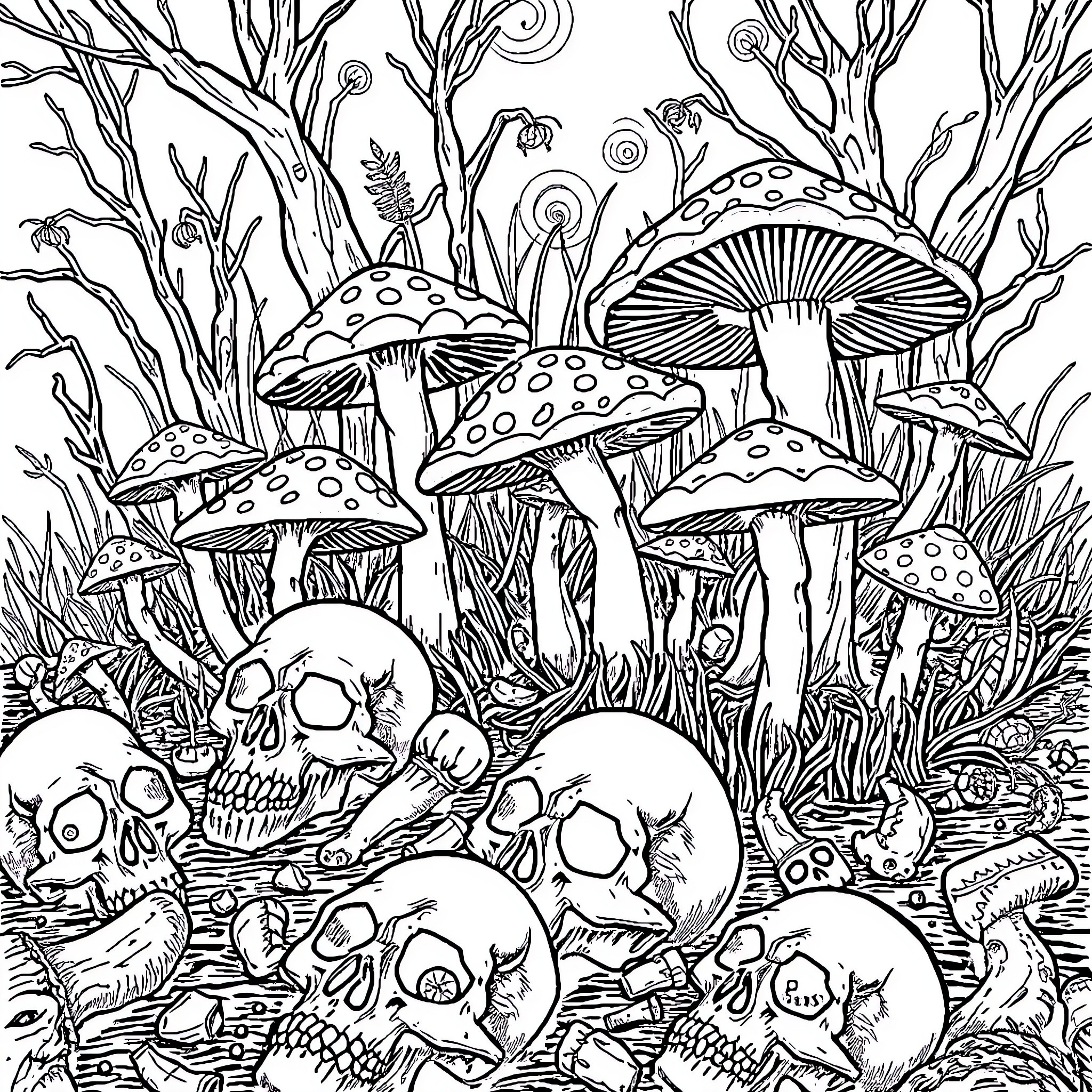 Mushroom forest with skulls and natural elements Coloring Page (free black-and-white line drawing printable PDF for all, from beginners to advanced learners, including children, teens, adults, and seniors)