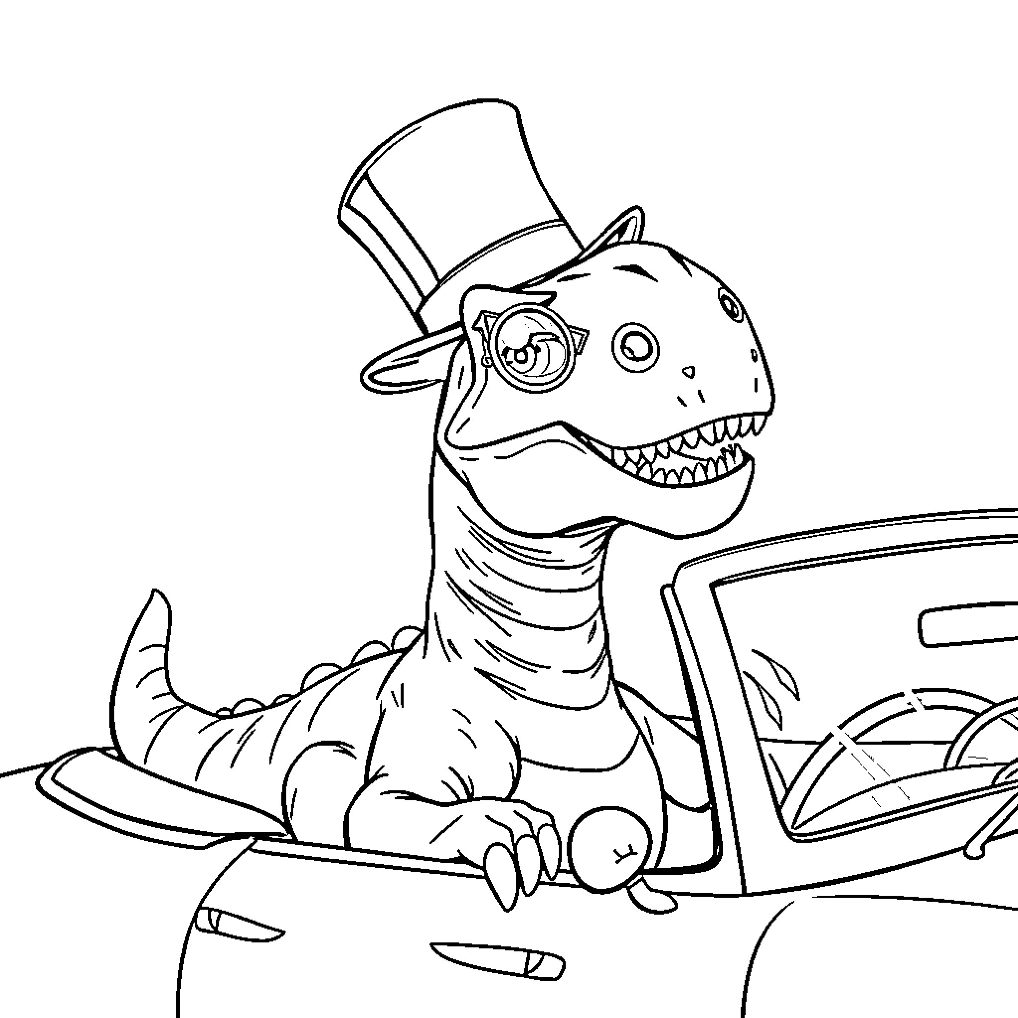 Dinosaur wearing a top hat driving a car Coloring Page (free black-and-white line drawing printable PDF for all, from beginners to advanced learners, including children, teens, adults, and seniors)