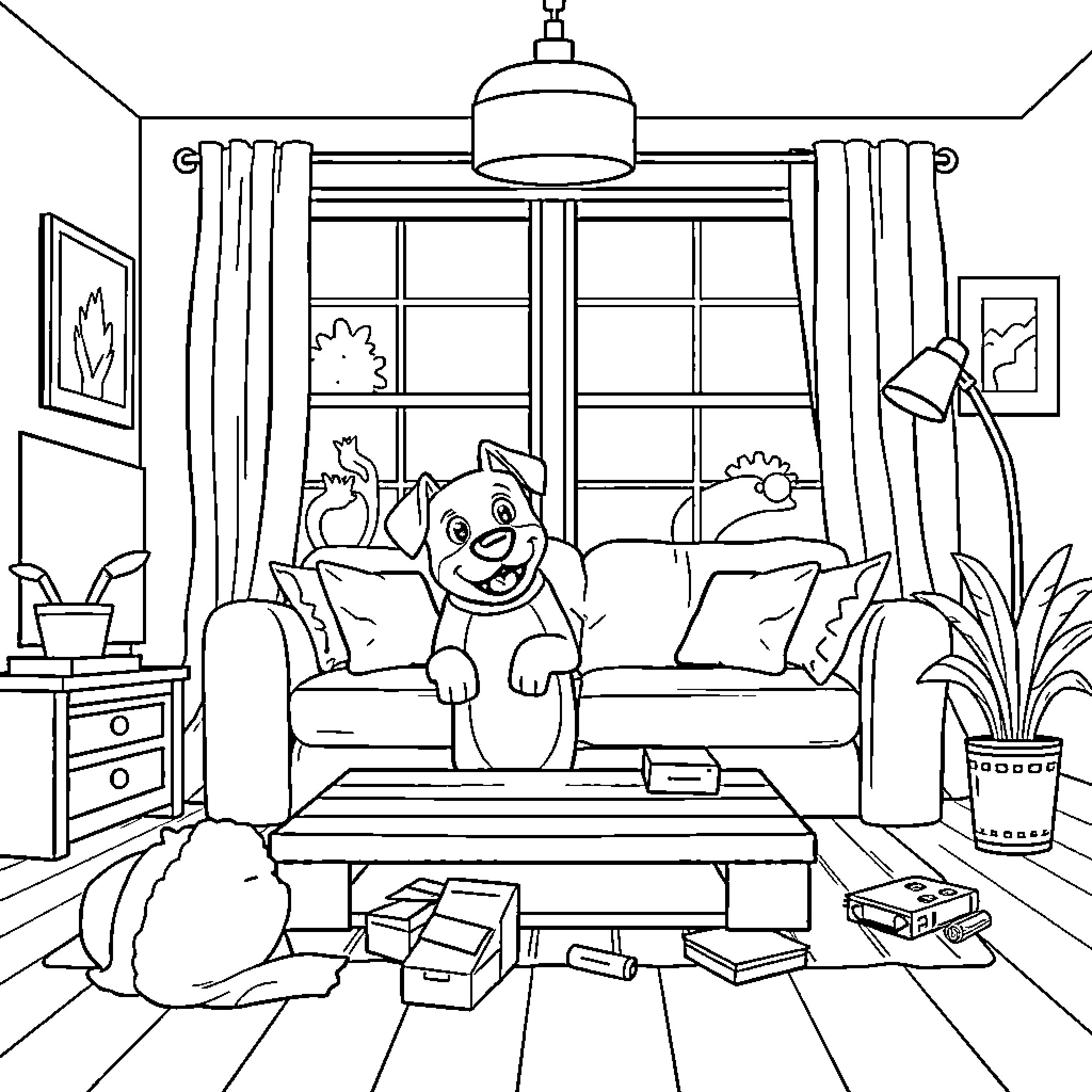 Bluey relaxing at home with toys and furnishings Coloring Page (free black-and-white line drawing printable PDF for all, from beginners to advanced learners, including children, teens, adults, and seniors)