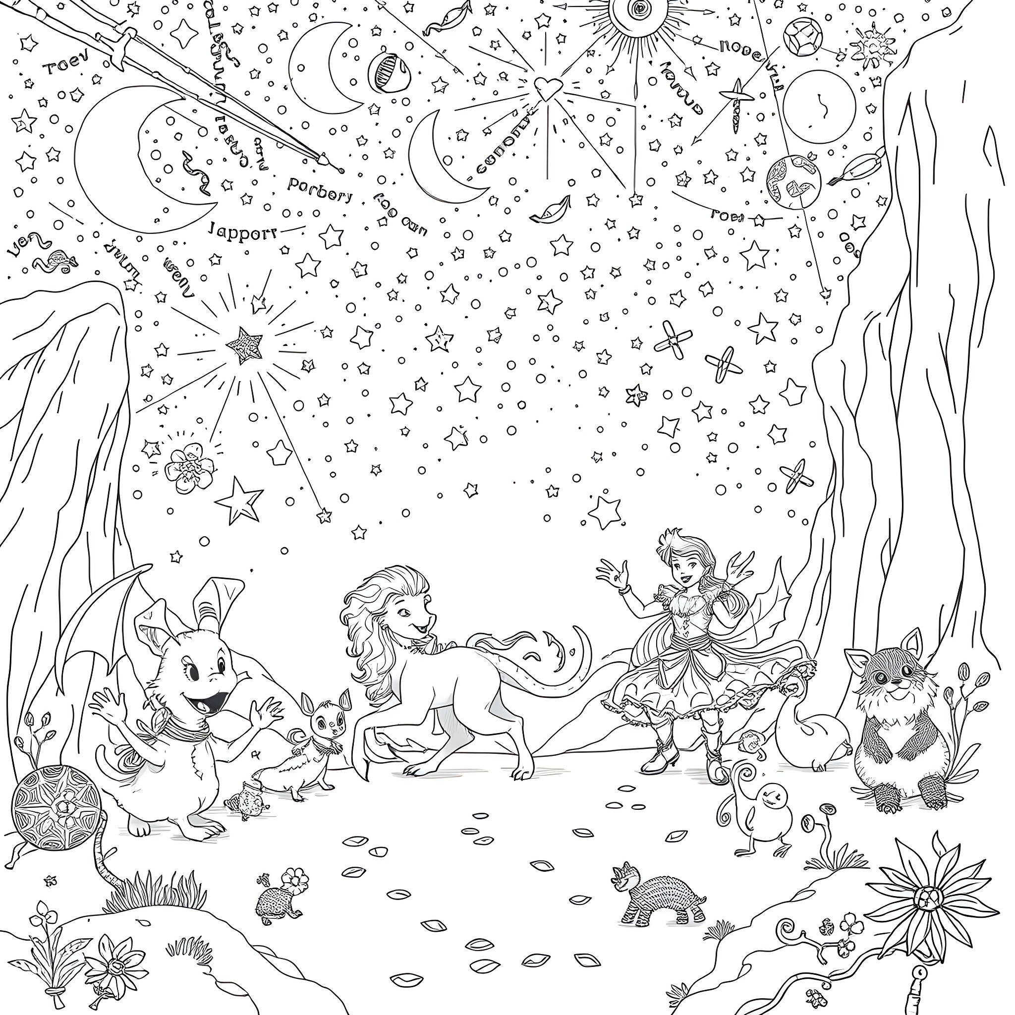 Story of Magical Creatures in a Starry Night Coloring Page (free black-and-white line drawing printable PDF for all, from beginners to advanced learners, including children, teens, adults, and seniors)