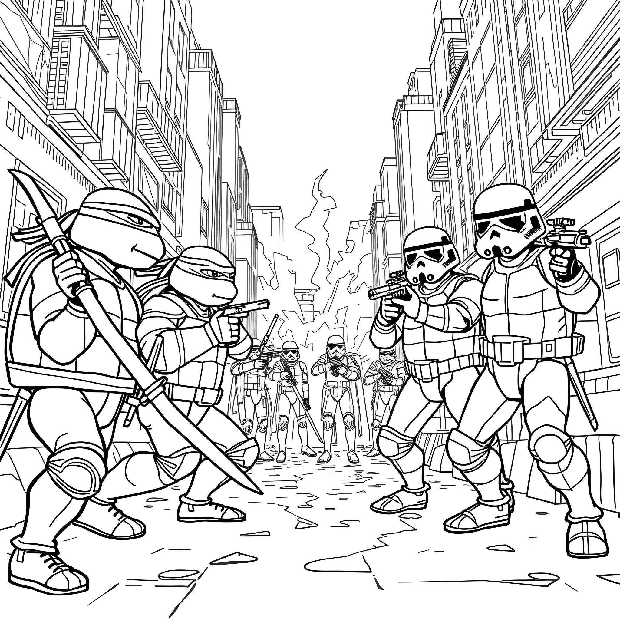 Teenage Mutant Ninja Turtles in Epic City Battle Coloring Page (free black-and-white line drawing printable PDF for all, from beginners to advanced learners, including children, teens, adults, and seniors)