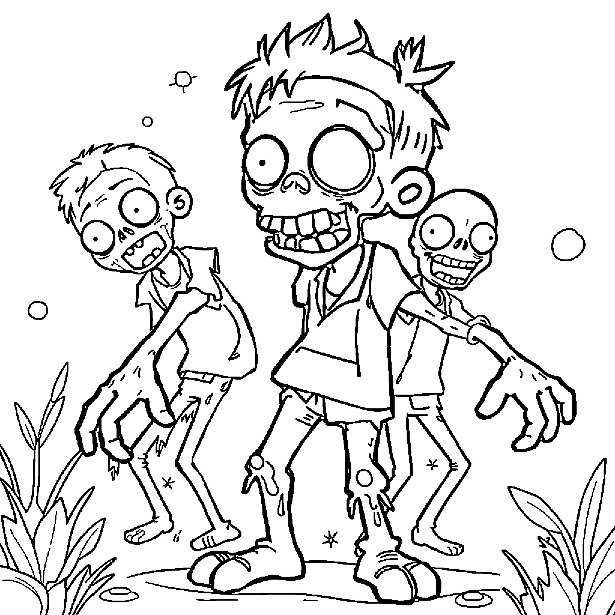 Zombie friends gathering in the park Coloring Page (free black-and-white line drawing printable PDF for all, from beginners to advanced learners, including children, teens, adults, and seniors)