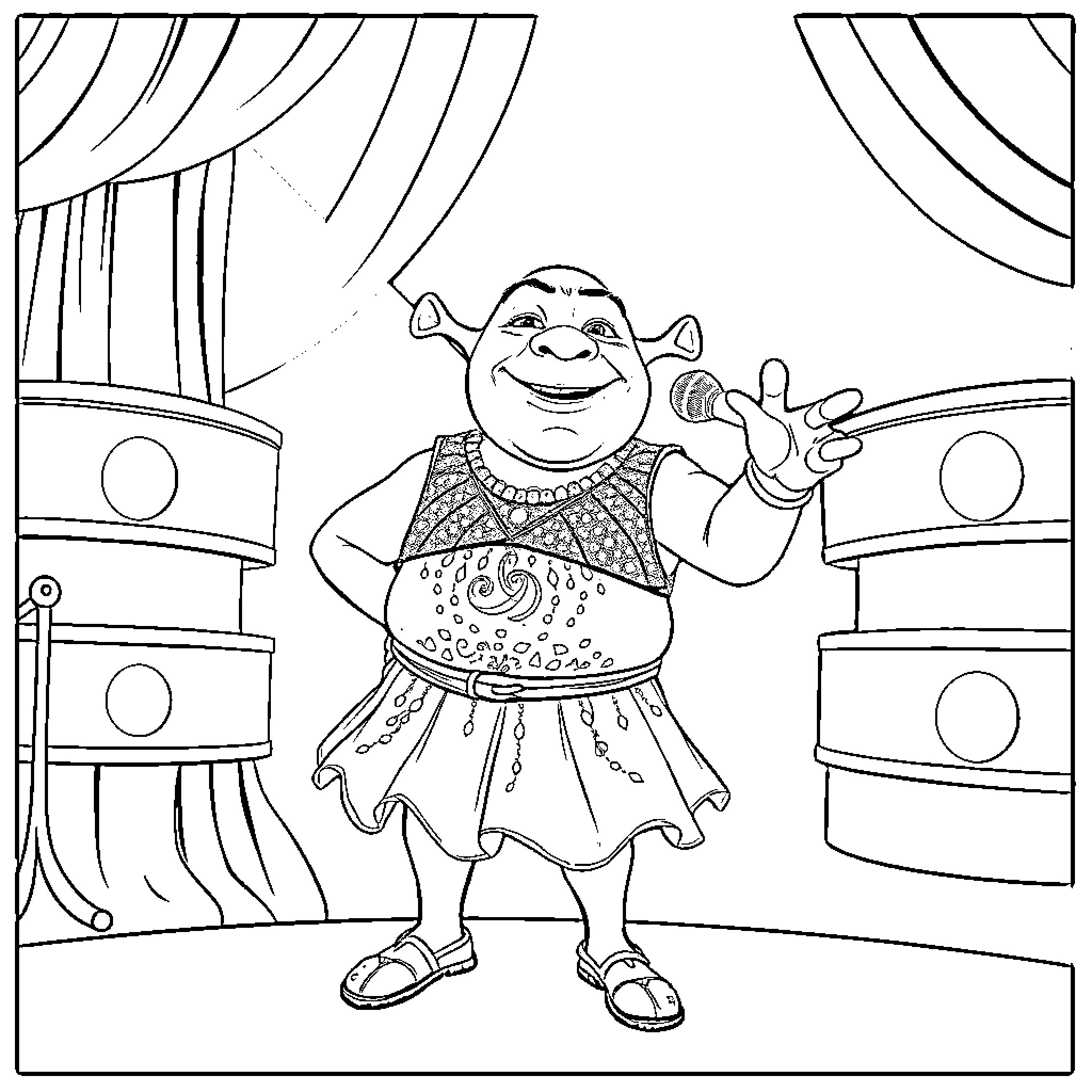 Shrek dancing on stage with musical instruments Coloring Page (free black-and-white line drawing printable PDF for all, from beginners to advanced learners, including children, teens, adults, and seniors)