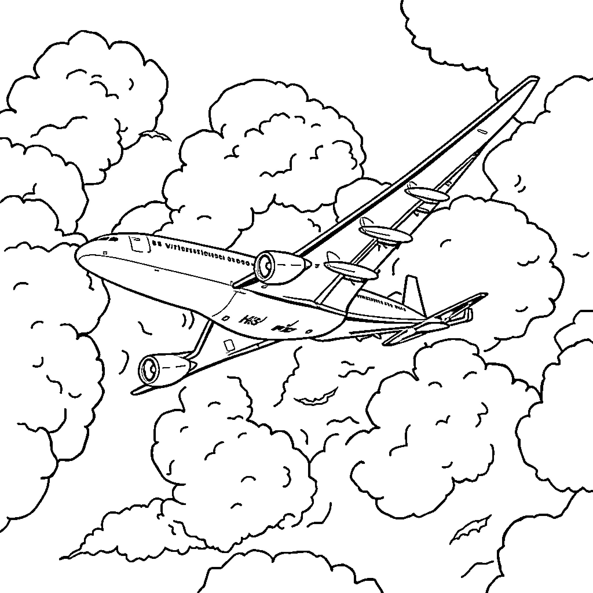 Airplane soaring through the cloudy skies Coloring Page (free black-and-white line drawing printable PDF for all, from beginners to advanced learners, including children, teens, adults, and seniors)