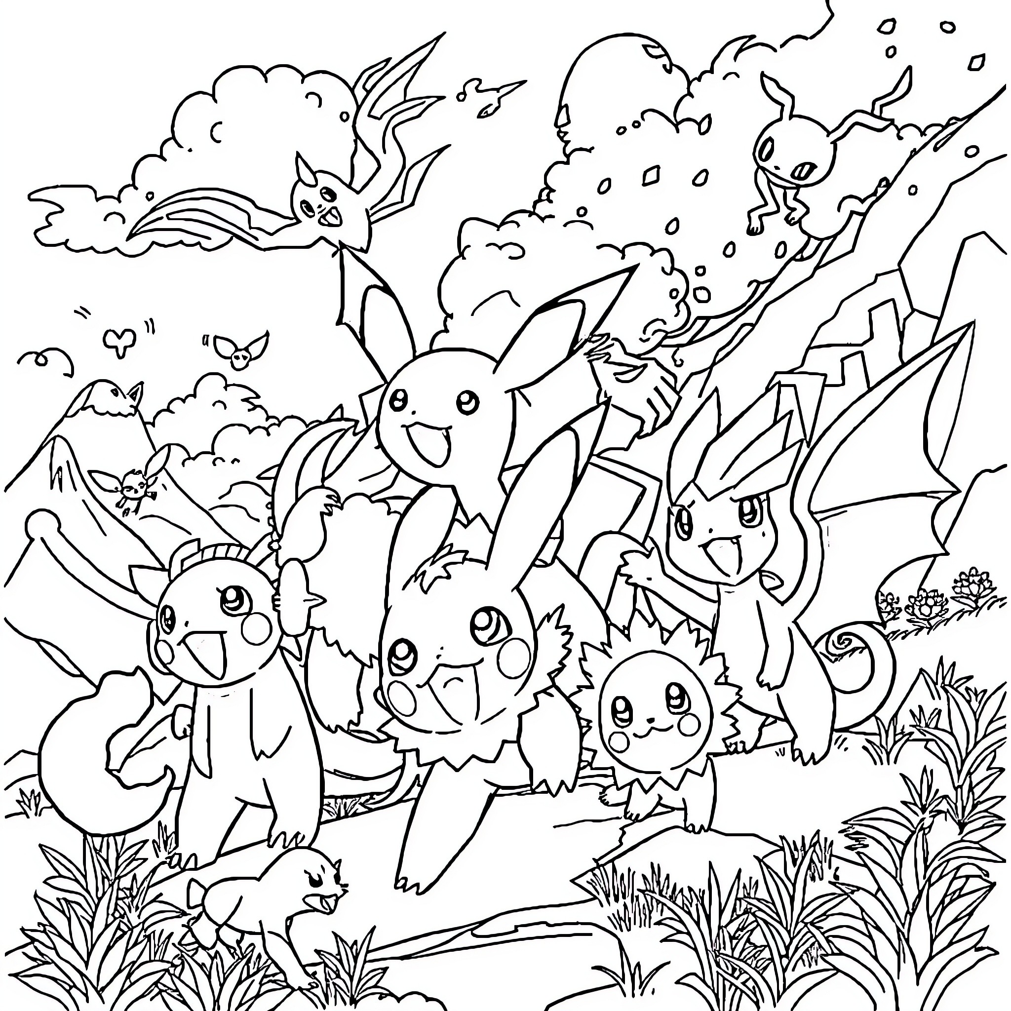 Pokémon characters exploring a magical forest scene Coloring Page (free black-and-white line drawing printable PDF for all, from beginners to advanced learners, including children, teens, adults, and seniors)