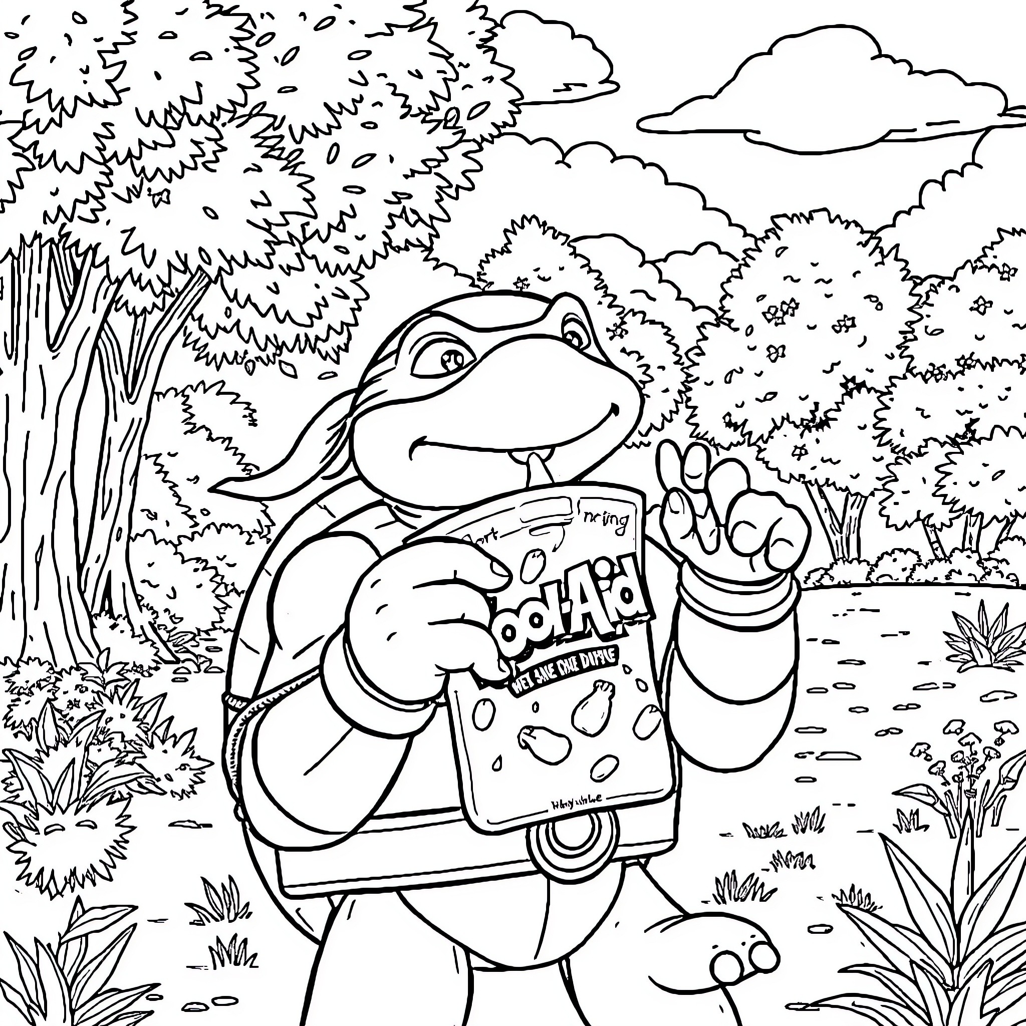 Ninja Turtle exploring the forest with backpack Coloring Page (free black-and-white line drawing printable PDF for all, from beginners to advanced learners, including children, teens, adults, and seniors)