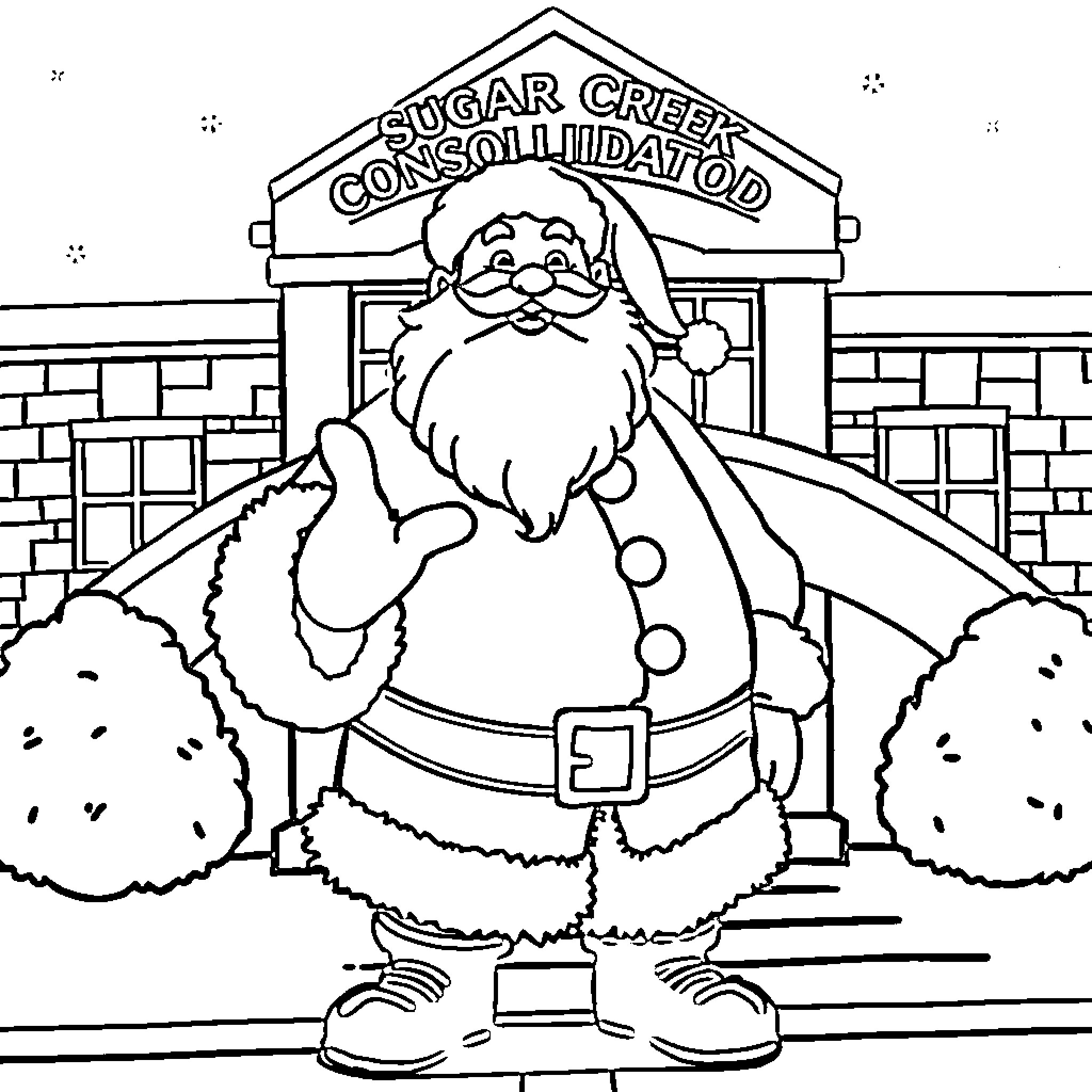 Santa Claus standing in front of a consolidated store Coloring Page (free black-and-white line drawing printable PDF for all, from beginners to advanced learners, including children, teens, adults, and seniors)