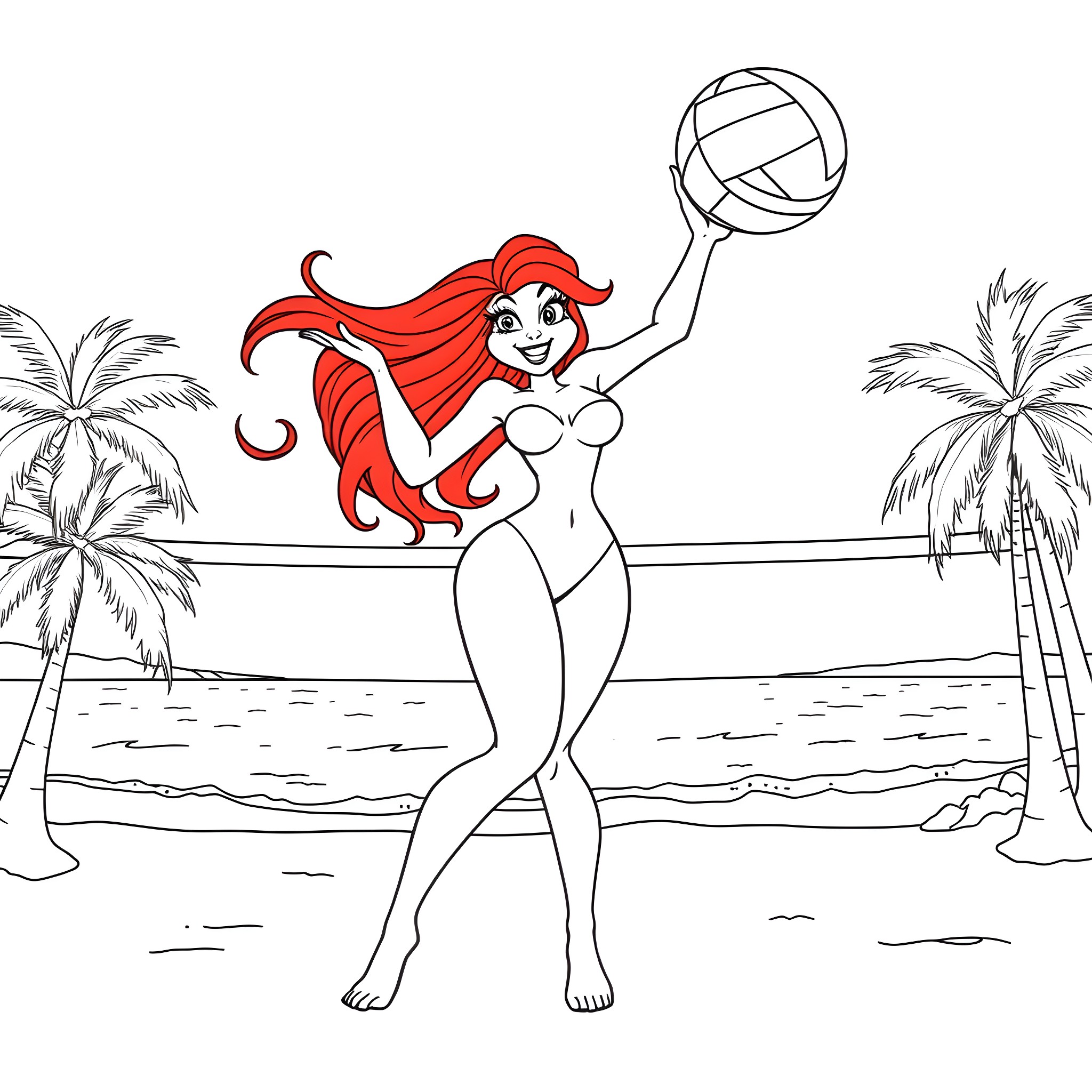 Jessica Rabbit playing volleyball on the beach Coloring Page (free black-and-white line drawing printable PDF for all, from beginners to advanced learners, including children, teens, adults, and seniors)