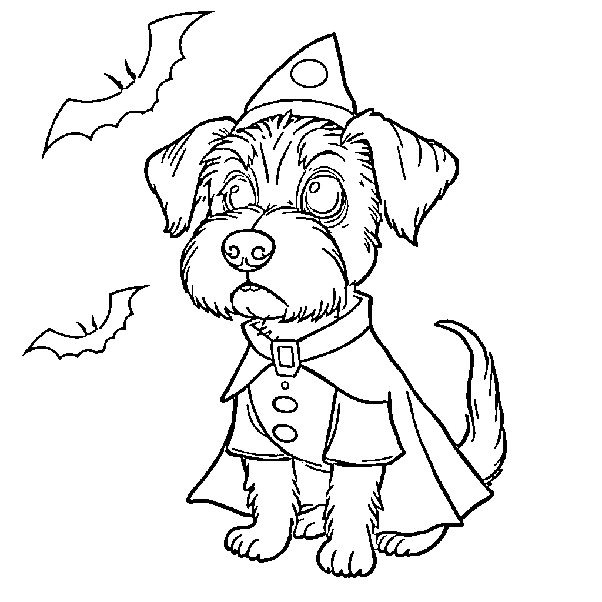 Dog dressed up for Halloween Coloring Page (free black-and-white line drawing printable PDF for all, from beginners to advanced learners, including children, teens, adults, and seniors)
