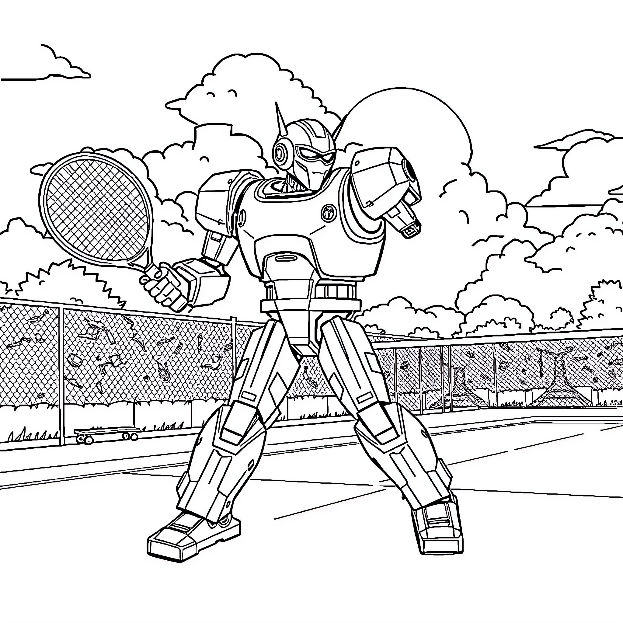 Goldorak playing tennis in the city landscape Coloring Page (free black-and-white line drawing printable PDF for all, from beginners to advanced learners, including children, teens, adults, and seniors)