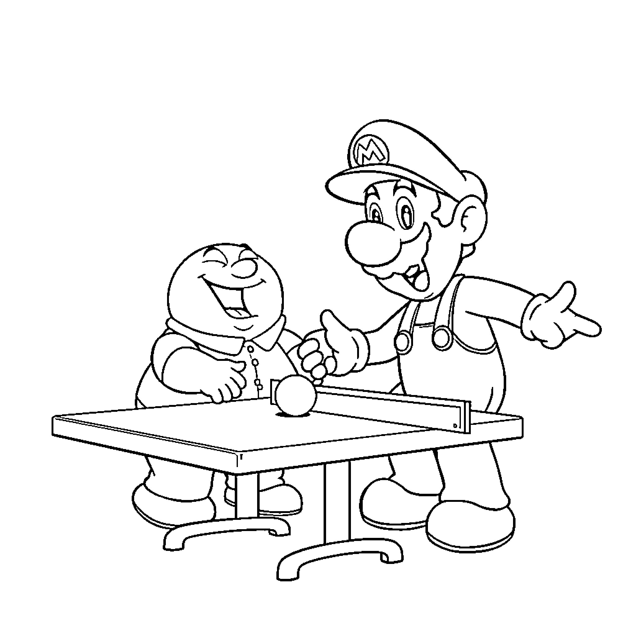 Super Mario Playing Table Tennis with Friend Coloring Page (free black-and-white line drawing printable PDF for all, from beginners to advanced learners, including children, teens, adults, and seniors)