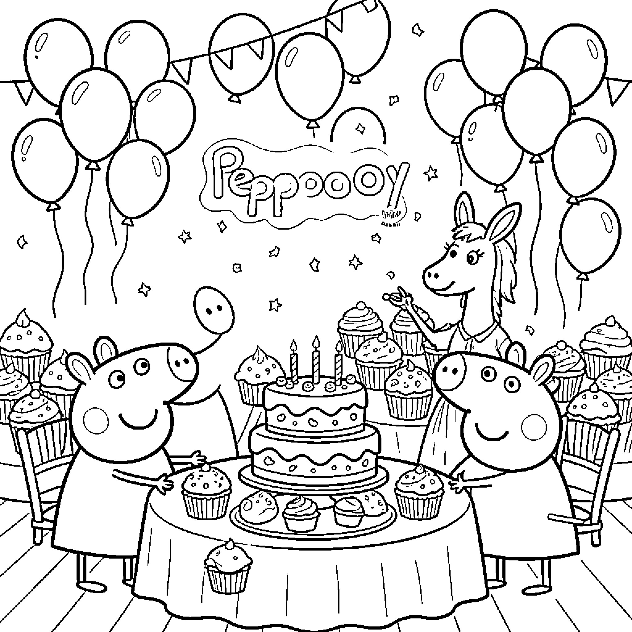 Peppa Pig's birthday party with friends and balloons Coloring Page (free black-and-white line drawing printable PDF for all, from beginners to advanced learners, including children, teens, adults, and seniors)