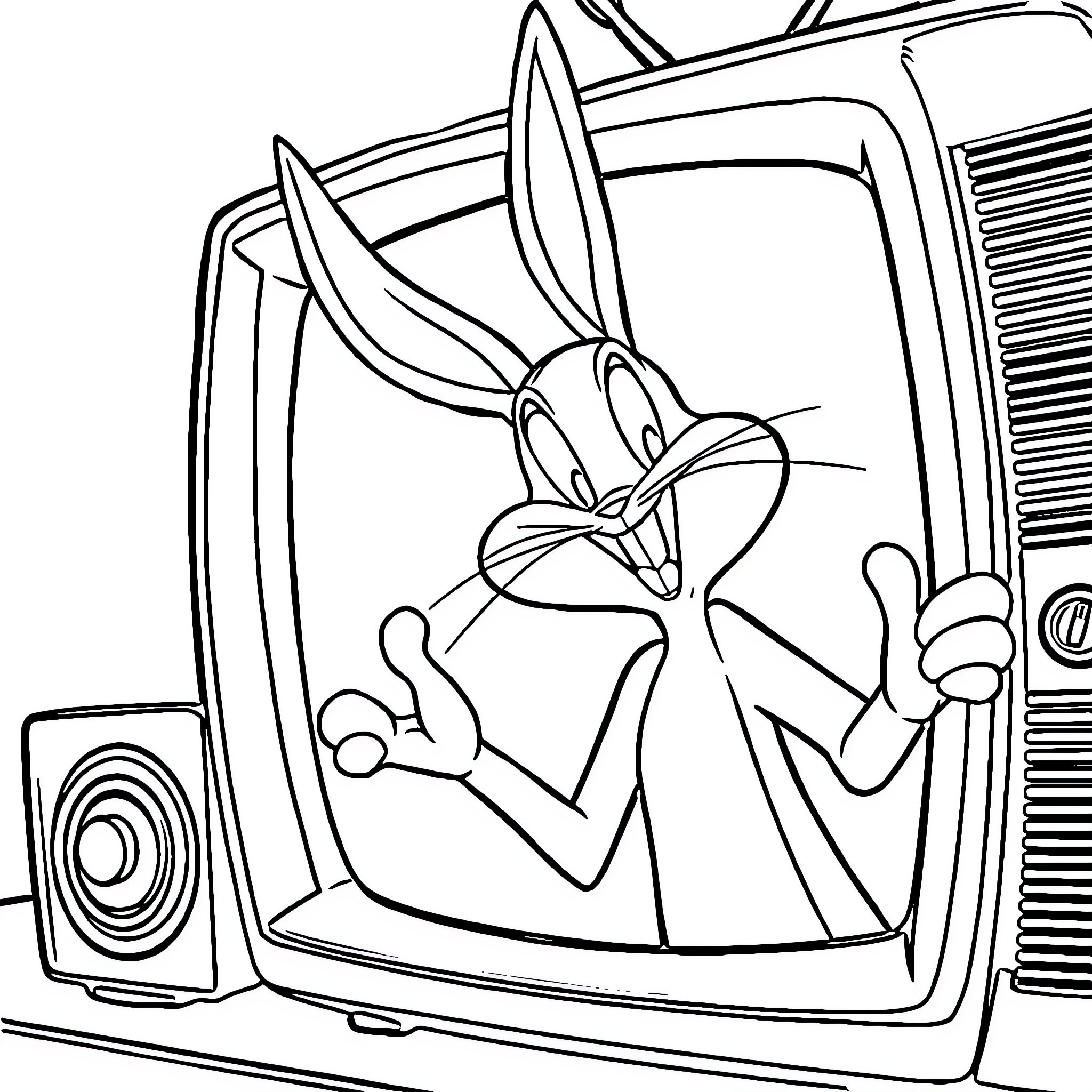 Bugs Bunny peeks out mischievously from a TV screen Coloring Page (free black-and-white line drawing printable PDF for all, from beginners to advanced learners, including children, teens, adults, and seniors)