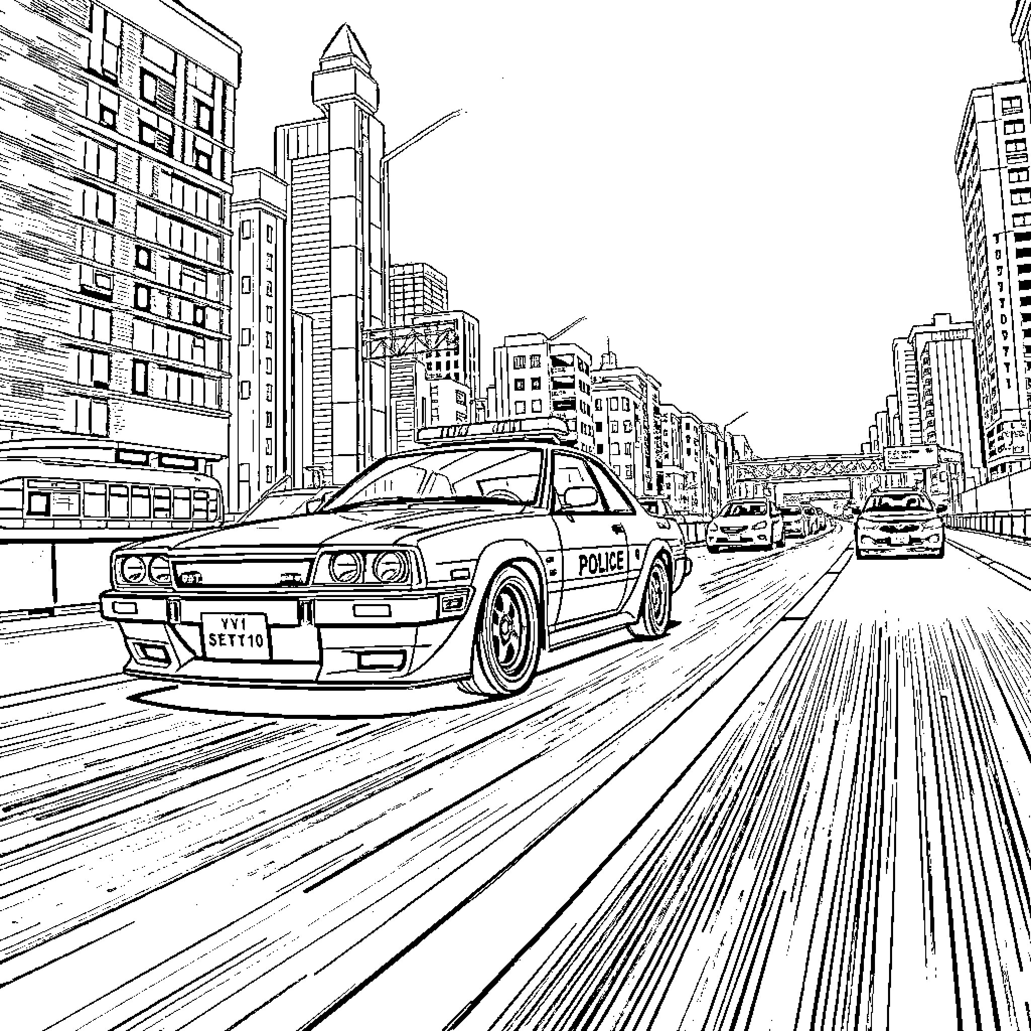 Nissan Skyline racing through the city streets Coloring Page (free black-and-white line drawing printable PDF for all, from beginners to advanced learners, including children, teens, adults, and seniors)