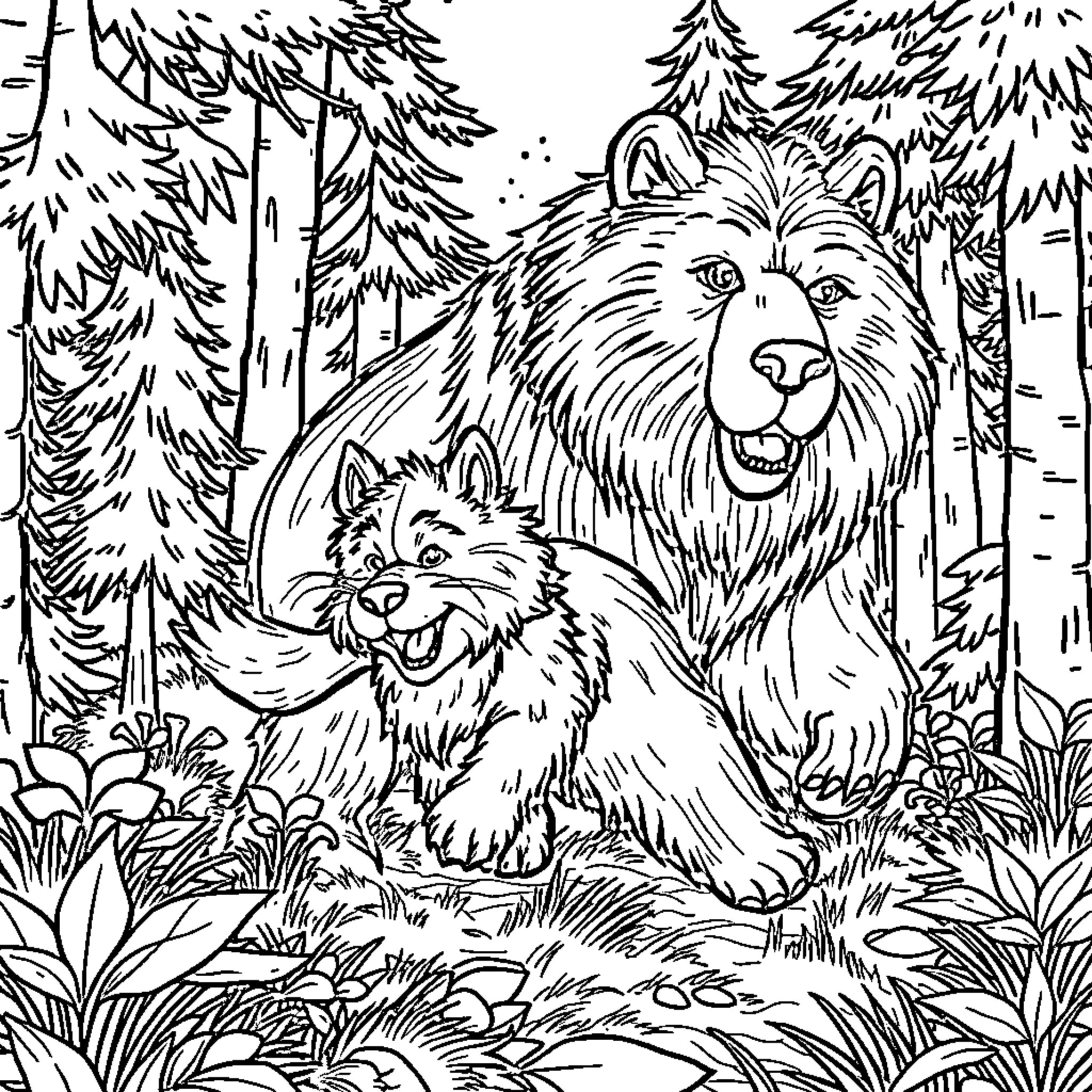 Perrito playing happily with bear in the forest Coloring Page (free black-and-white line drawing printable PDF for all, from beginners to advanced learners, including children, teens, adults, and seniors)