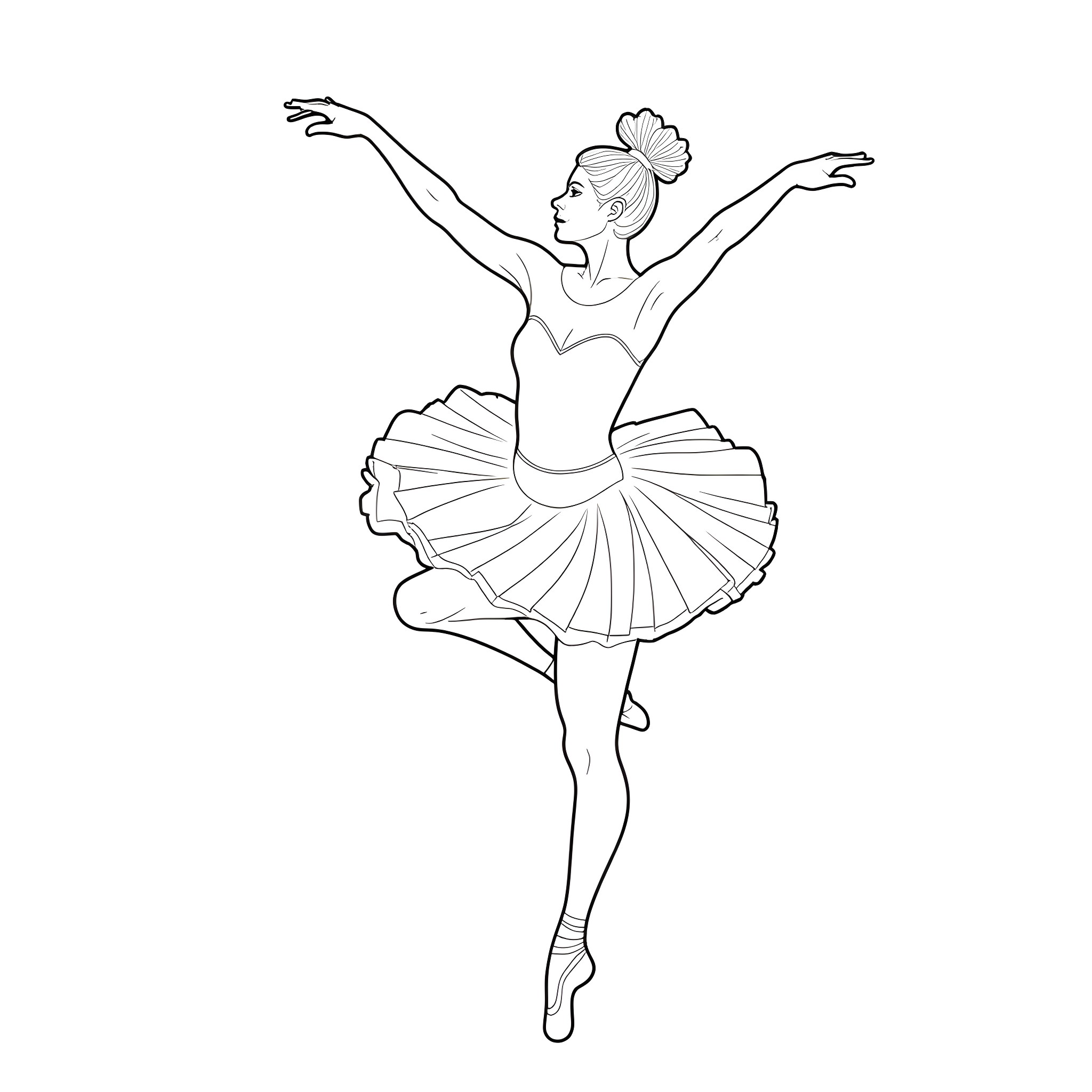 Ballerina performing graceful dance moves Coloring Page (free black-and-white line drawing printable PDF for all, from beginners to advanced learners, including children, teens, adults, and seniors)