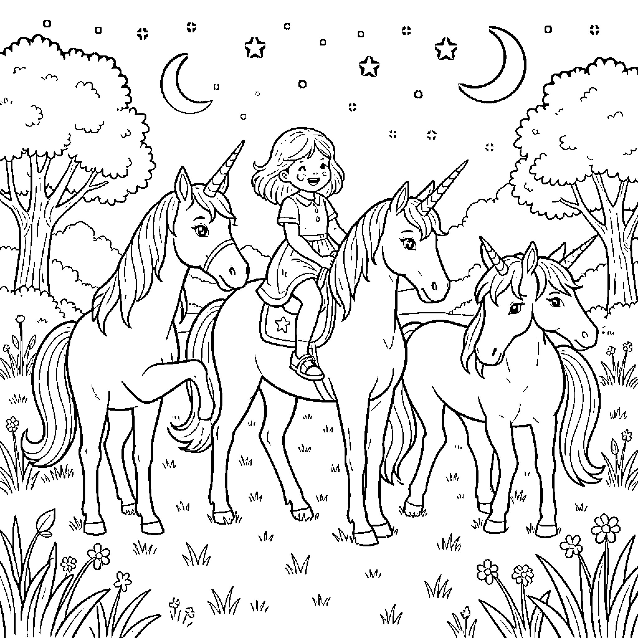 Unicorns accompanying a girl through a magical forest Coloring Page (free black-and-white line drawing printable PDF for all, from beginners to advanced learners, including children, teens, adults, and seniors)