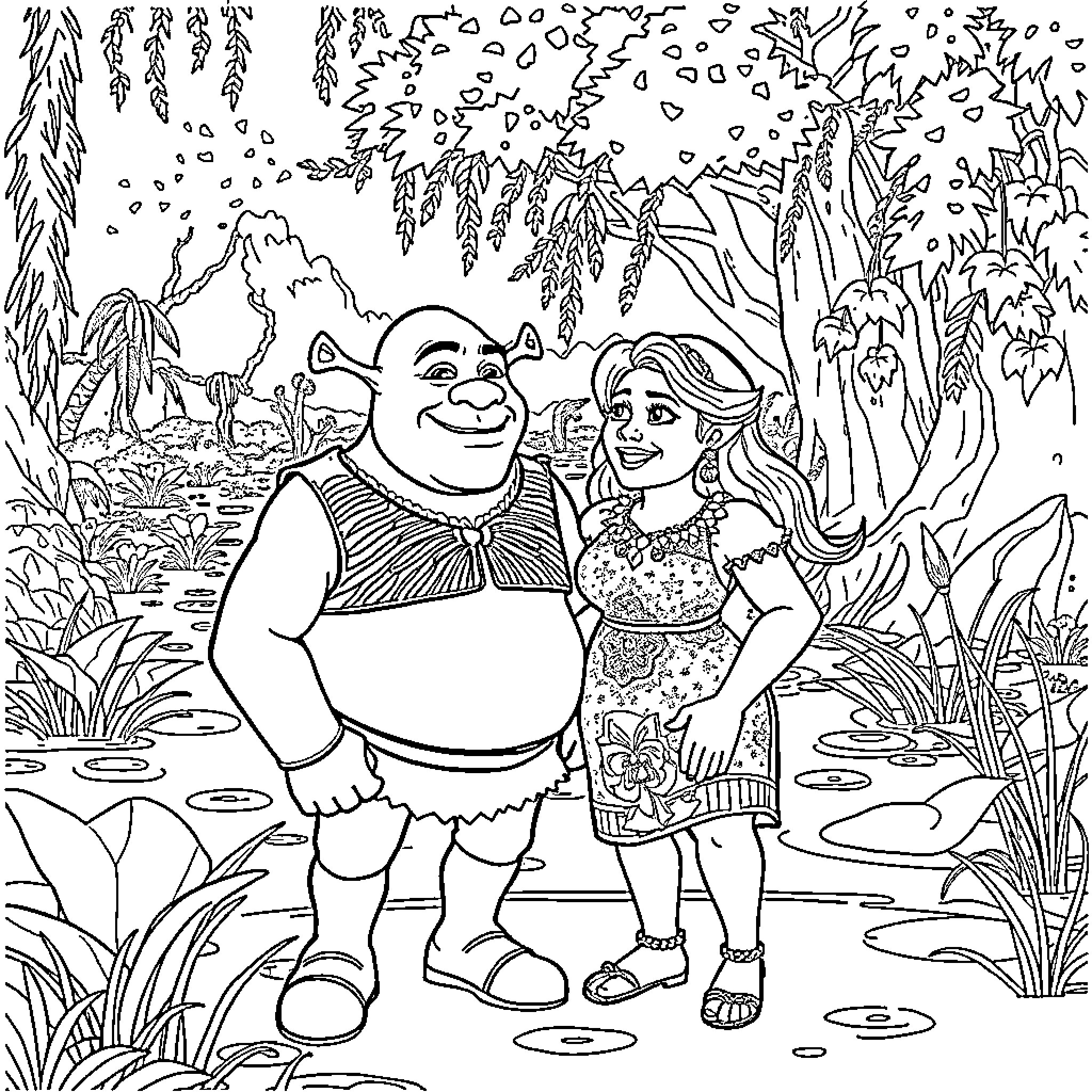 Shrek and Fiona in a Magical Forest Coloring Page (free black-and-white line drawing printable PDF for all, from beginners to advanced learners, including children, teens, adults, and seniors)