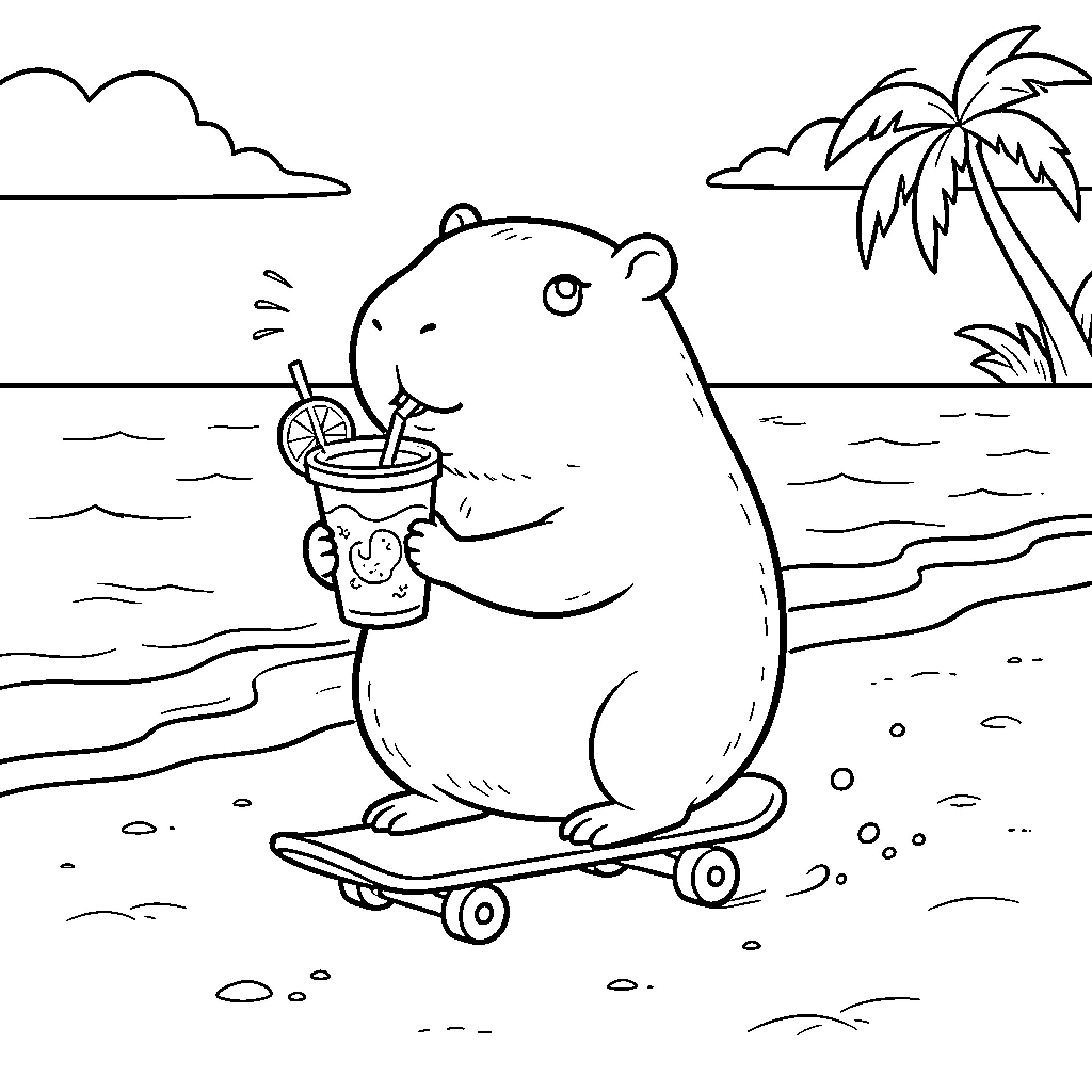 Capybara riding a skateboard while drinking a beverage Coloring Page (free black-and-white line drawing printable PDF for all, from beginners to advanced learners, including children, teens, adults, and seniors)