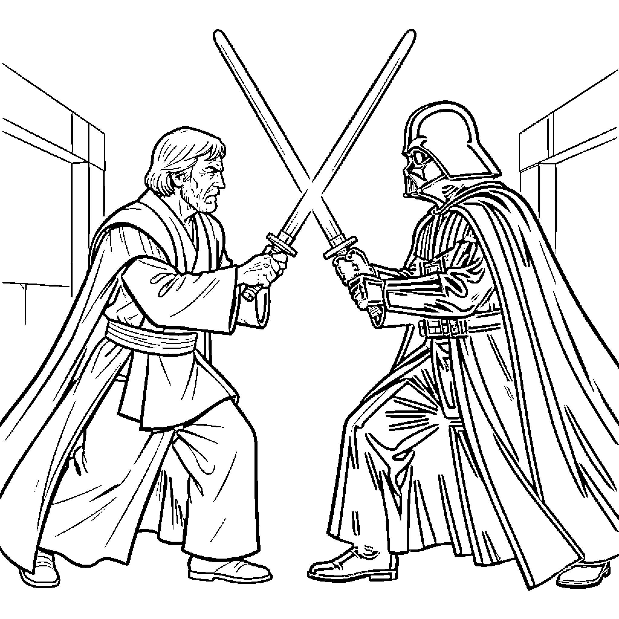 Obi-Wan Kenobi dueling with a lightsaber Coloring Page (free black-and-white line drawing printable PDF for all, from beginners to advanced learners, including children, teens, adults, and seniors)