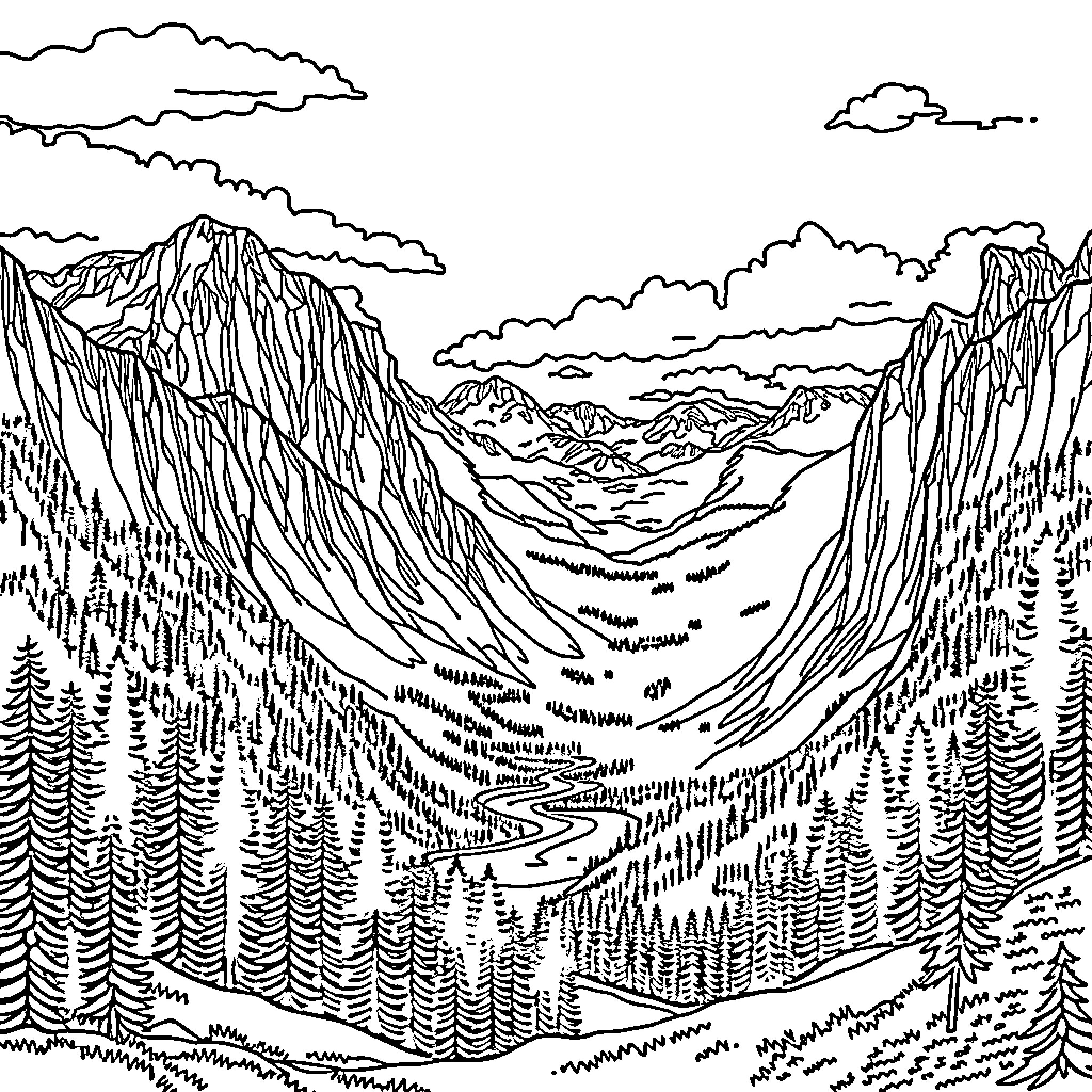 Mountain scenic landscape with rocky cliffs and pine forests Coloring Page (free black-and-white line drawing printable PDF for all, from beginners to advanced learners, including children, teens, adults, and seniors)