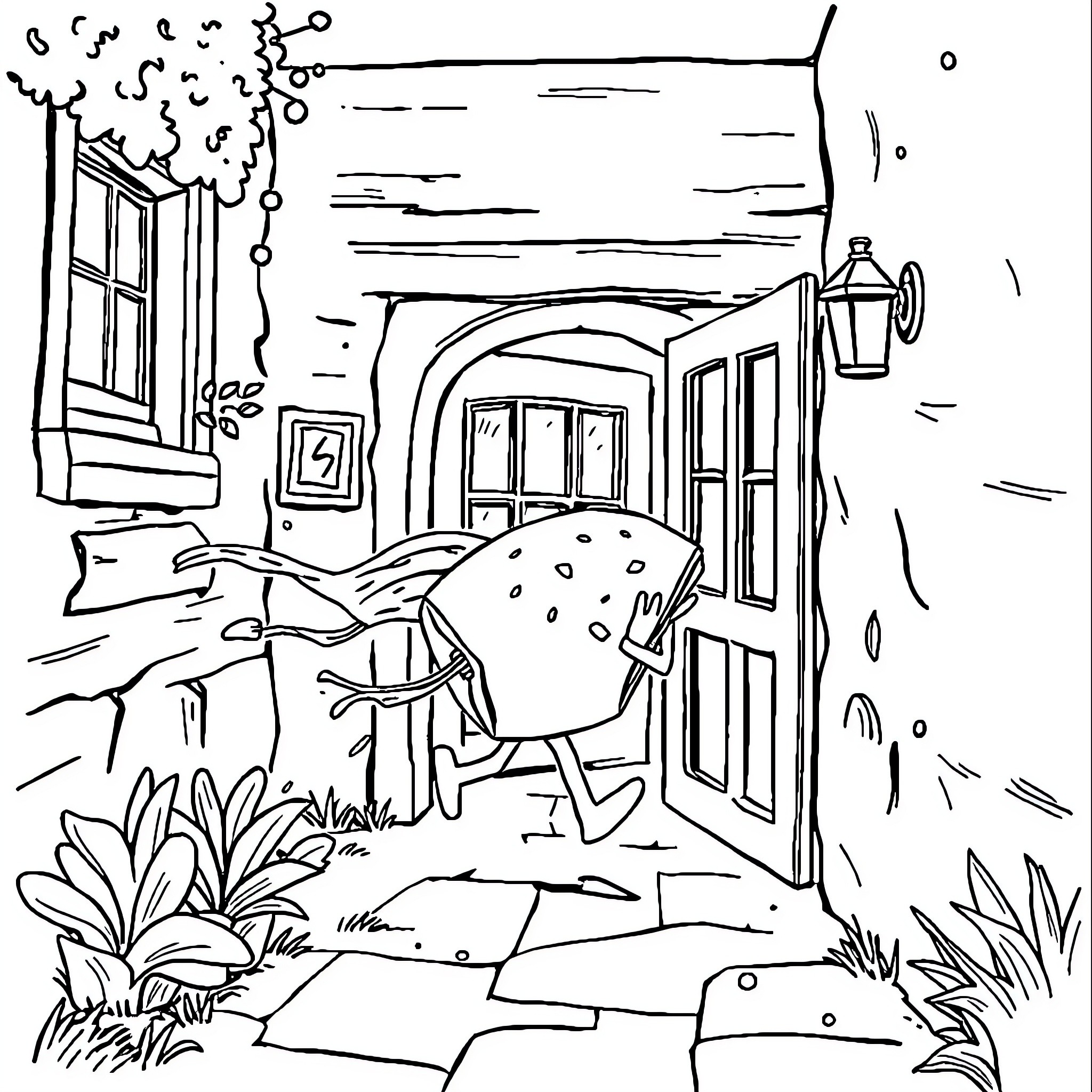 Pan Creature Entering Mysterious Doorway Coloring Page (free black-and-white line drawing printable PDF for all, from beginners to advanced learners, including children, teens, adults, and seniors)