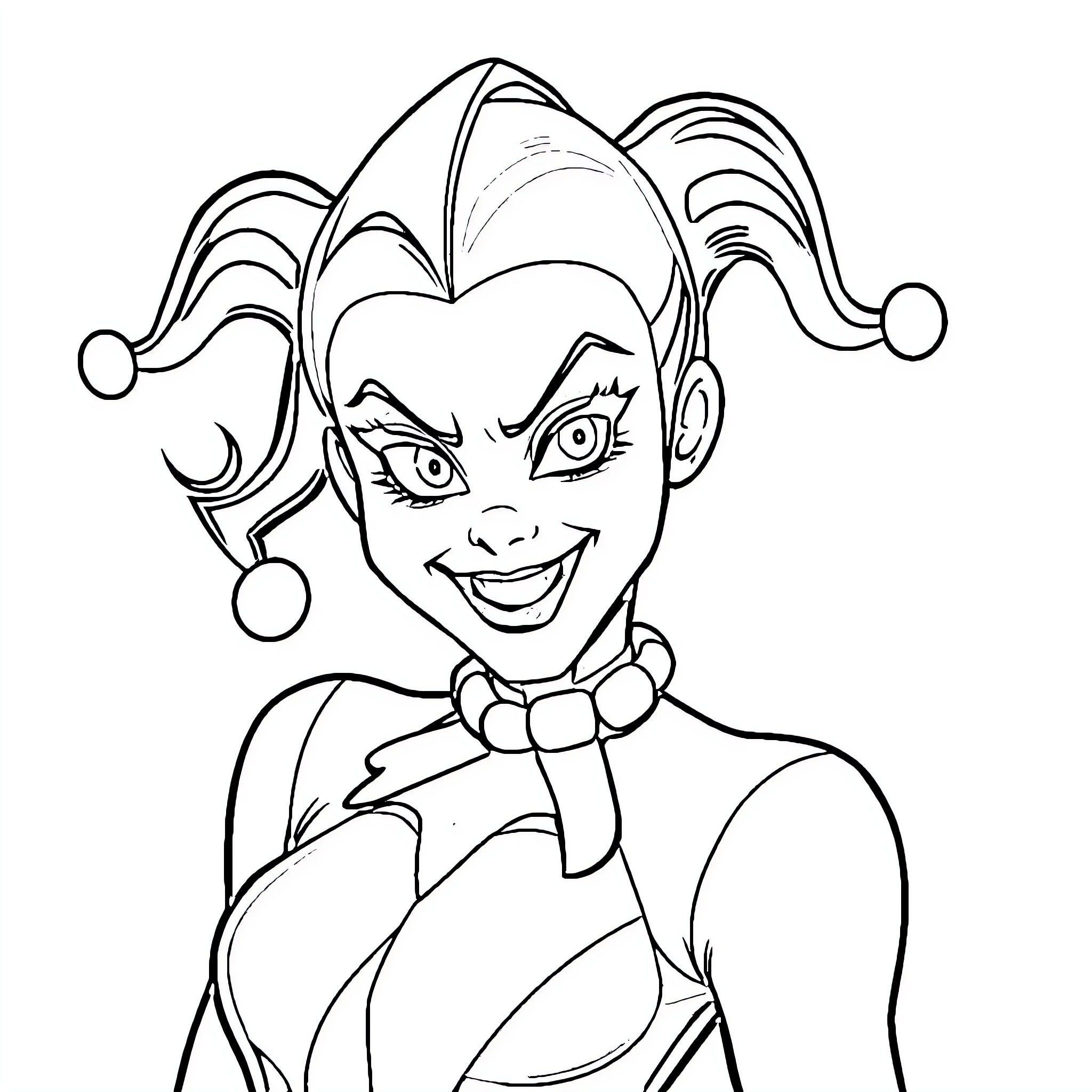Harley Quinn's Mischievous Expression Coloring Page (free black-and-white line drawing printable PDF for all, from beginners to advanced learners, including children, teens, adults, and seniors)
