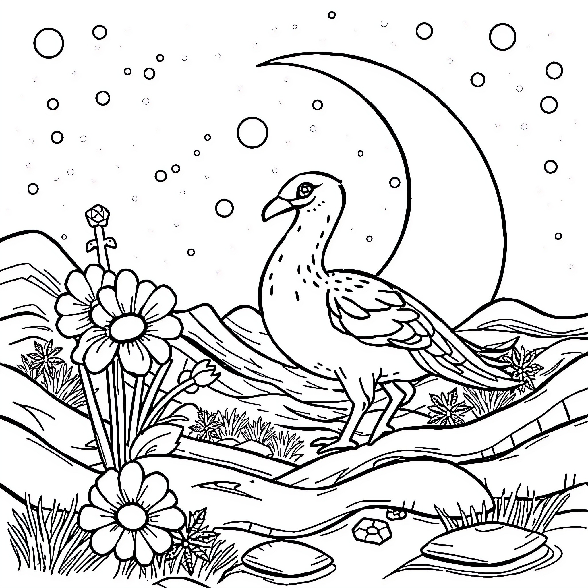 Bird and flowers under the crescent moon Coloring Page (free black-and-white line drawing printable PDF for all, from beginners to advanced learners, including children, teens, adults, and seniors)