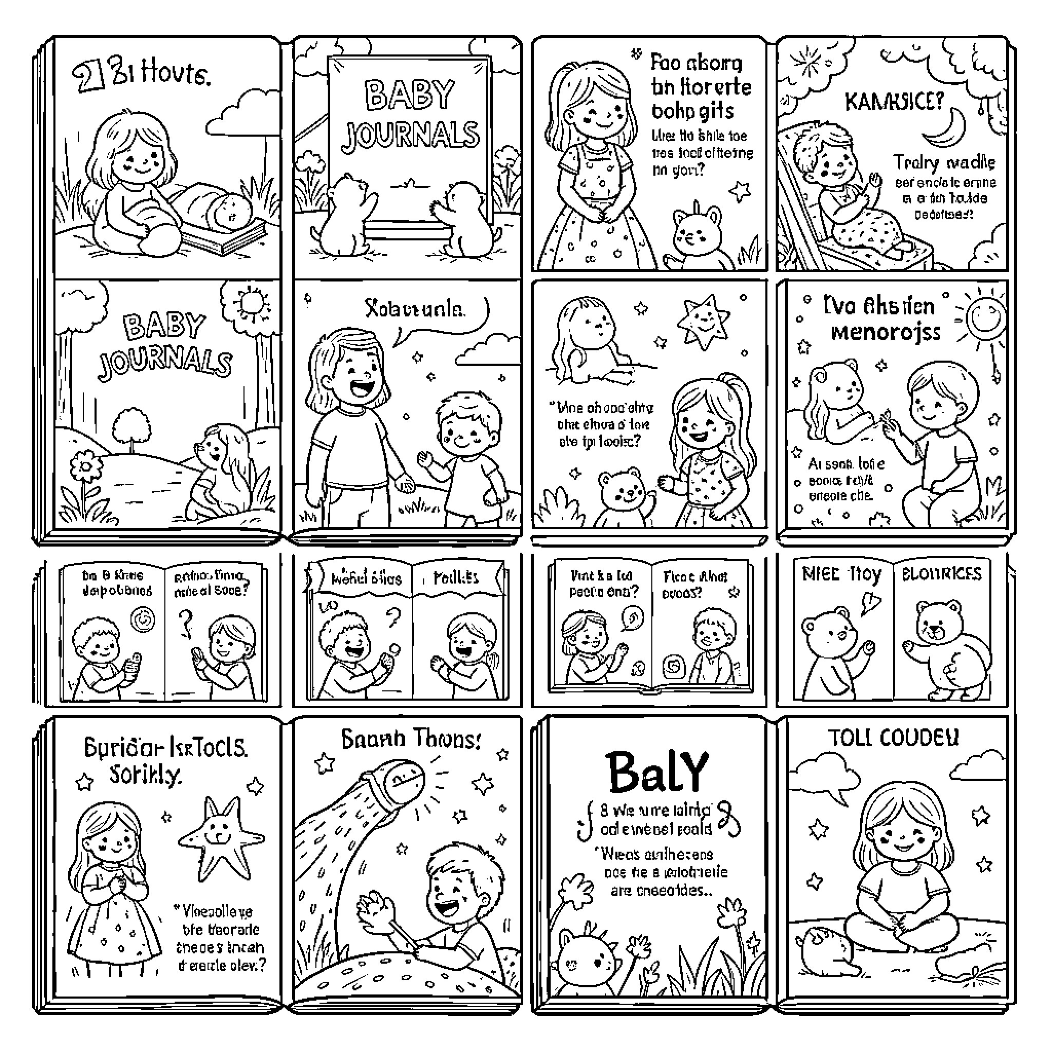 Baby Journal showing various cute children and animals Coloring Page (free black-and-white line drawing printable PDF for all, from beginners to advanced learners, including children, teens, adults, and seniors)