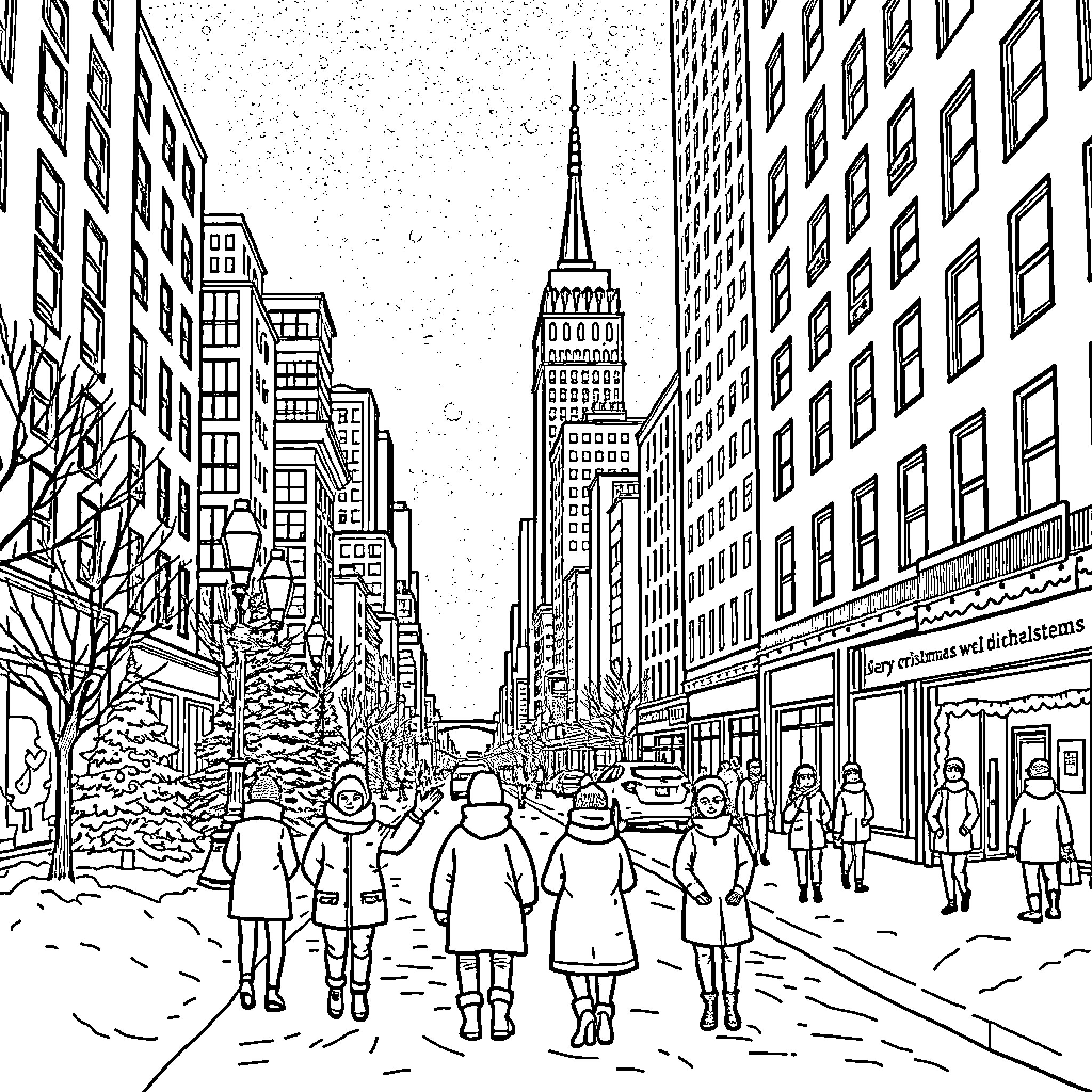 New York City Street Scene with Bustling Pedestrians Coloring Page (free black-and-white line drawing printable PDF for all, from beginners to advanced learners, including children, teens, adults, and seniors)