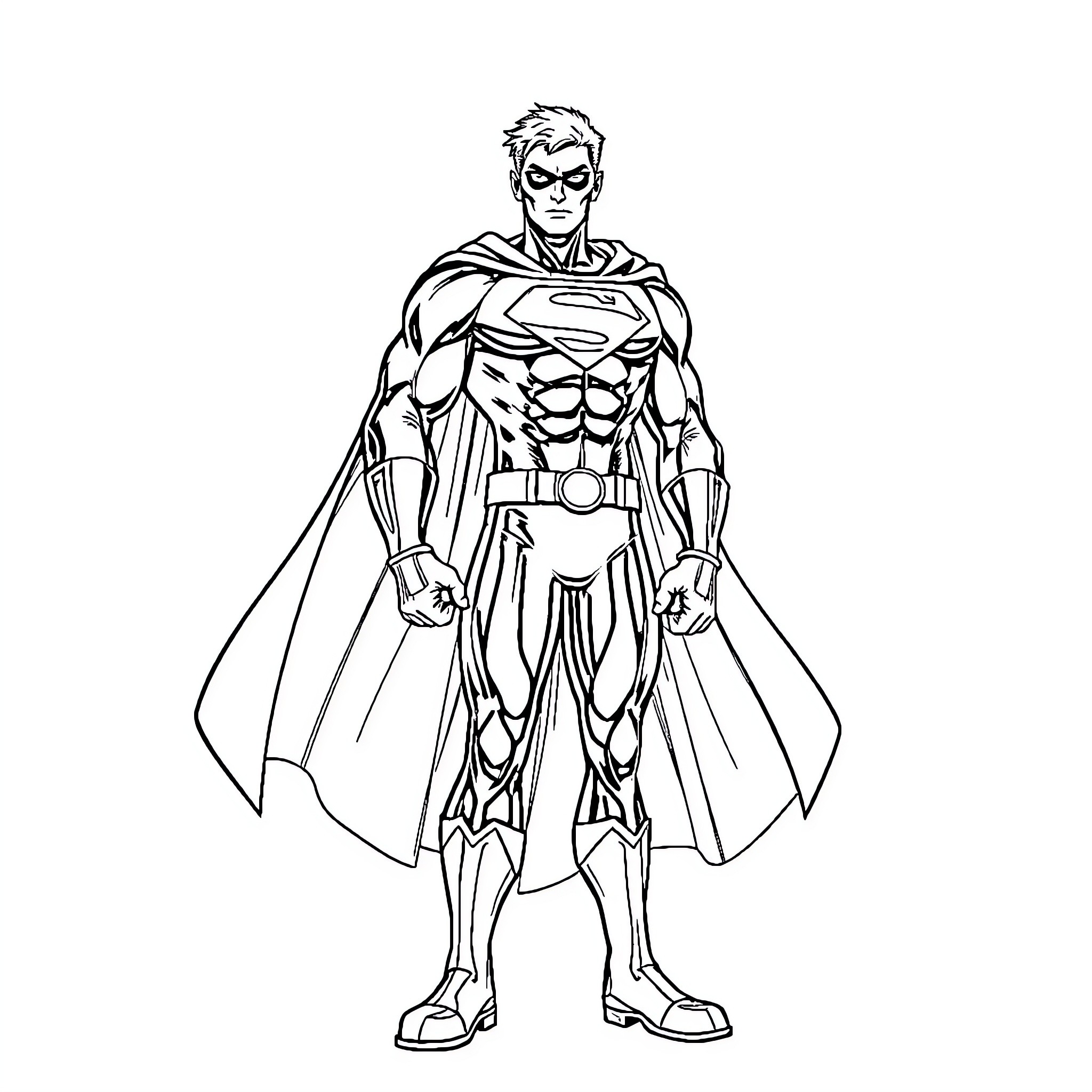 Superhero in Heroic Pose Coloring Page (free black-and-white line drawing printable PDF for all, from beginners to advanced learners, including children, teens, adults, and seniors)
