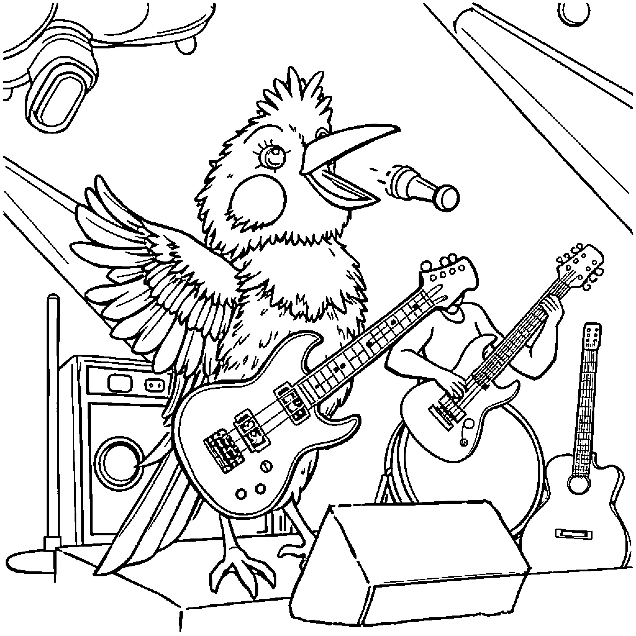 Bird playing guitar on a stage Coloring Page (free black-and-white line drawing printable PDF for all, from beginners to advanced learners, including children, teens, adults, and seniors)