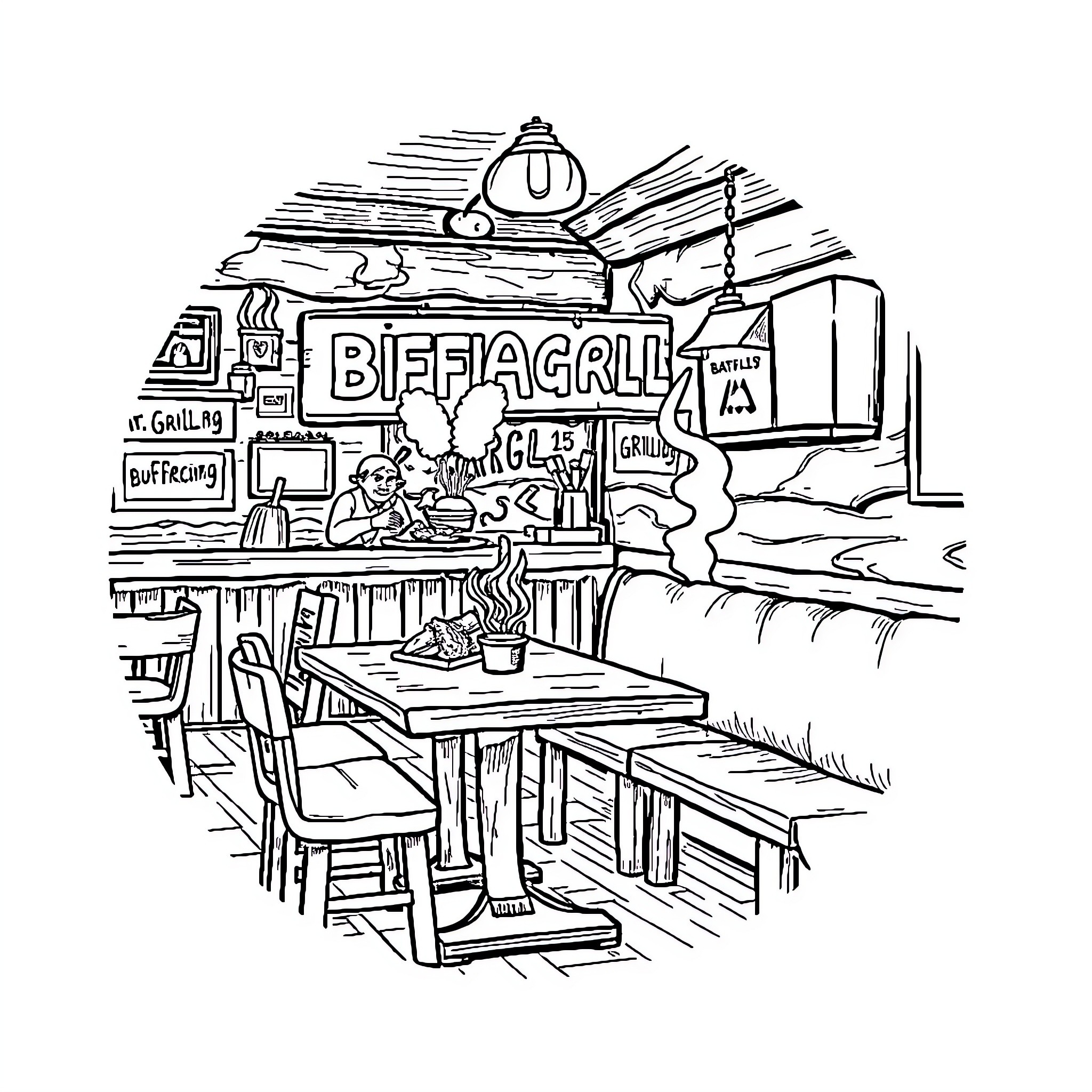 Buffalo-themed dining scene with grilling and smoking Coloring Page (free black-and-white line drawing printable PDF for all, from beginners to advanced learners, including children, teens, adults, and seniors)