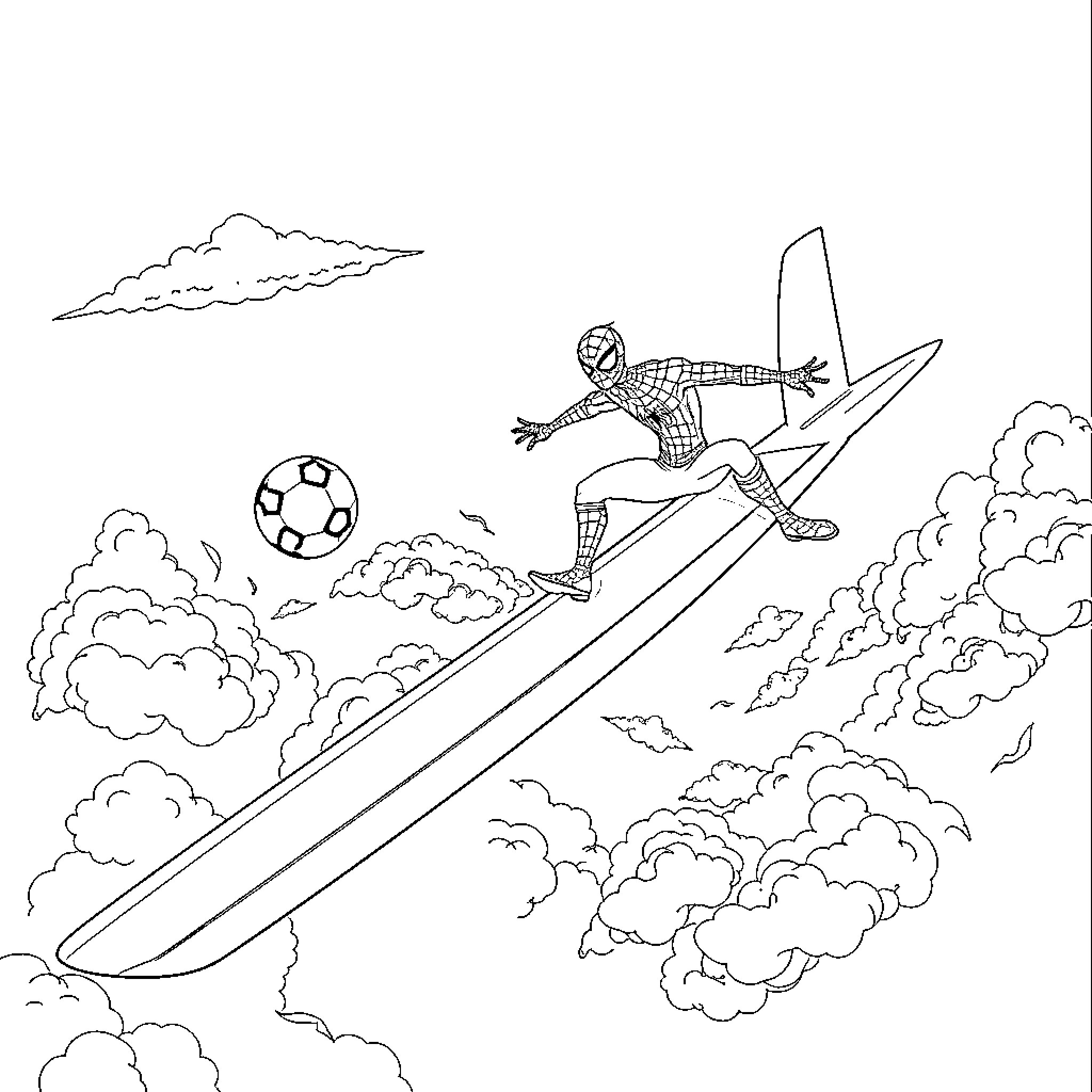 Spider-Man surfing through the clouds with a soccer ball Coloring Page (free black-and-white line drawing printable PDF for all, from beginners to advanced learners, including children, teens, adults, and seniors)