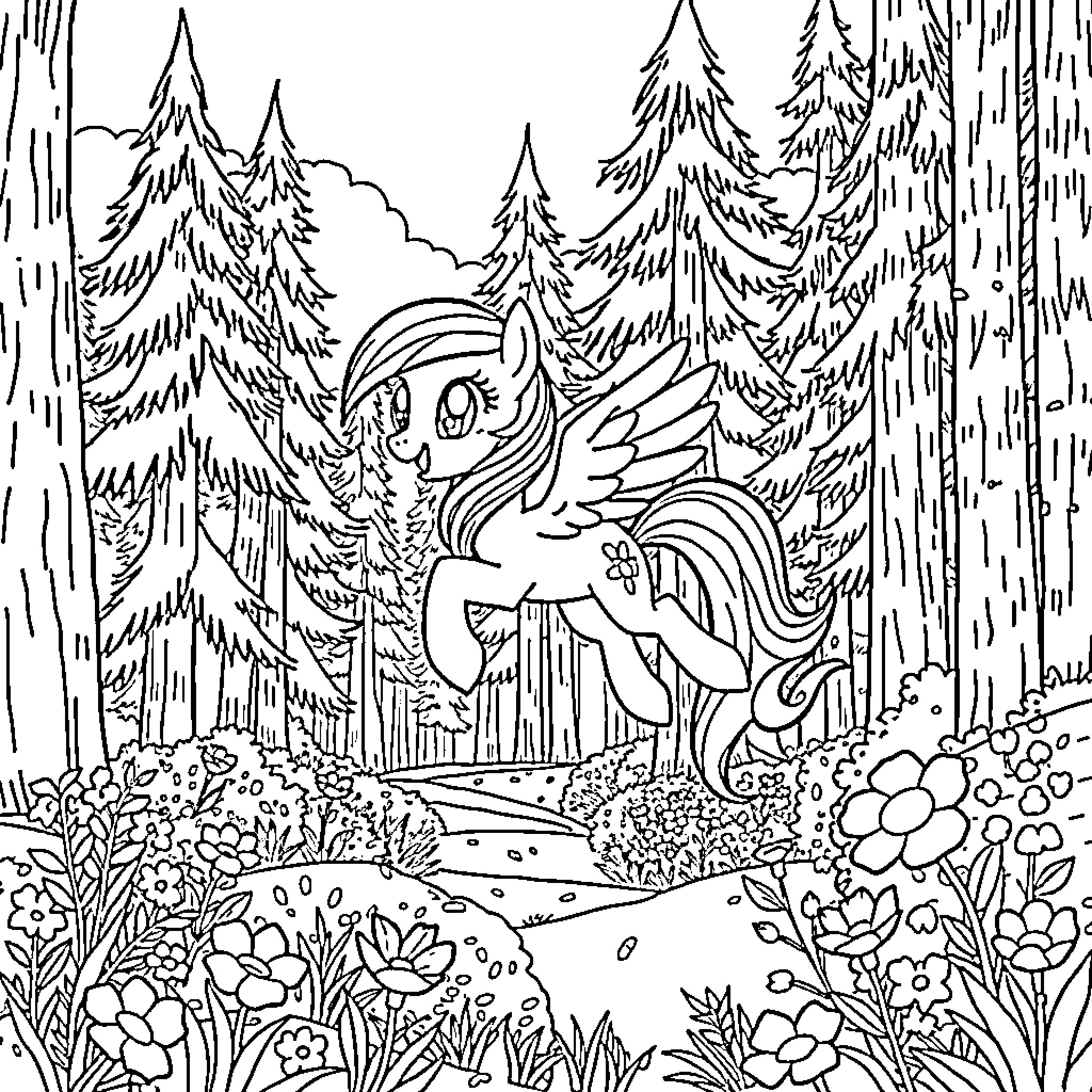Rainbow Dash flying through a magical forest Coloring Page (free black-and-white line drawing printable PDF for all, from beginners to advanced learners, including children, teens, adults, and seniors)