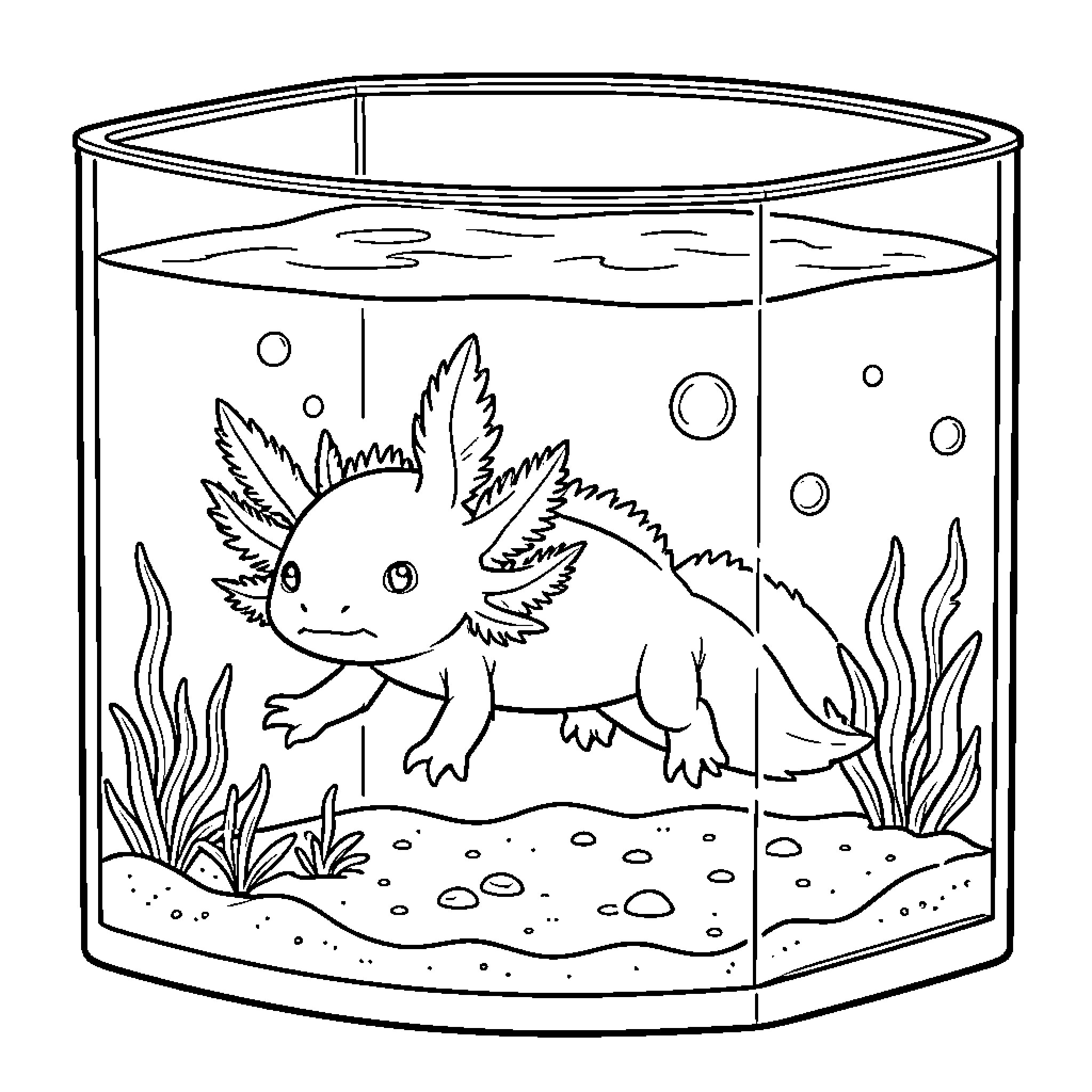 Axolotl swimming peacefully inside a glass tank Coloring Page (free black-and-white line drawing printable PDF for all, from beginners to advanced learners, including children, teens, adults, and seniors)