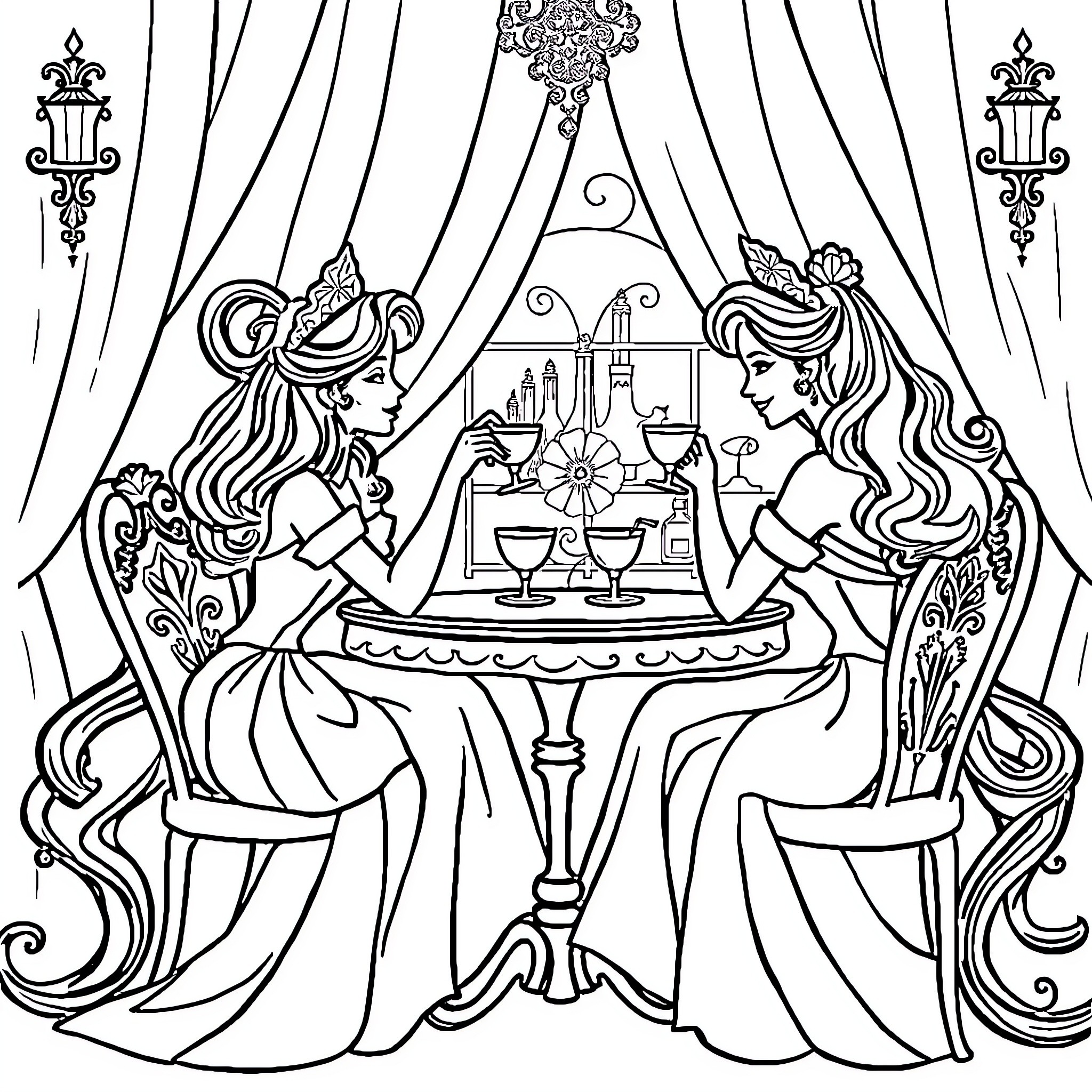 Princess Tea Party with Elegant Decorations Coloring Page (free black-and-white line drawing printable PDF for all, from beginners to advanced learners, including children, teens, adults, and seniors)