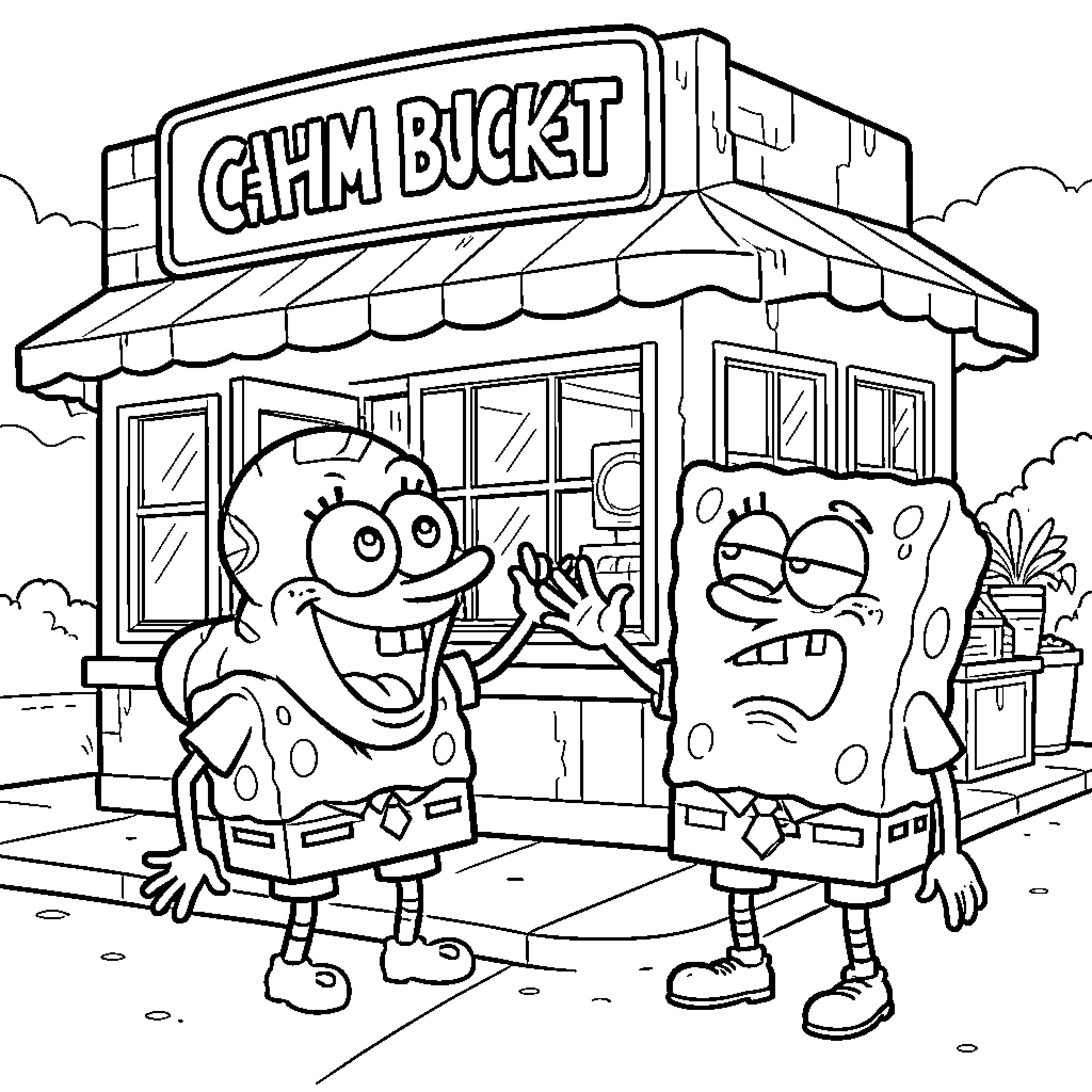 Spongebob and Patrick at the Chum Bucket Coloring Page (free black-and-white line drawing printable PDF for all, from beginners to advanced learners, including children, teens, adults, and seniors)