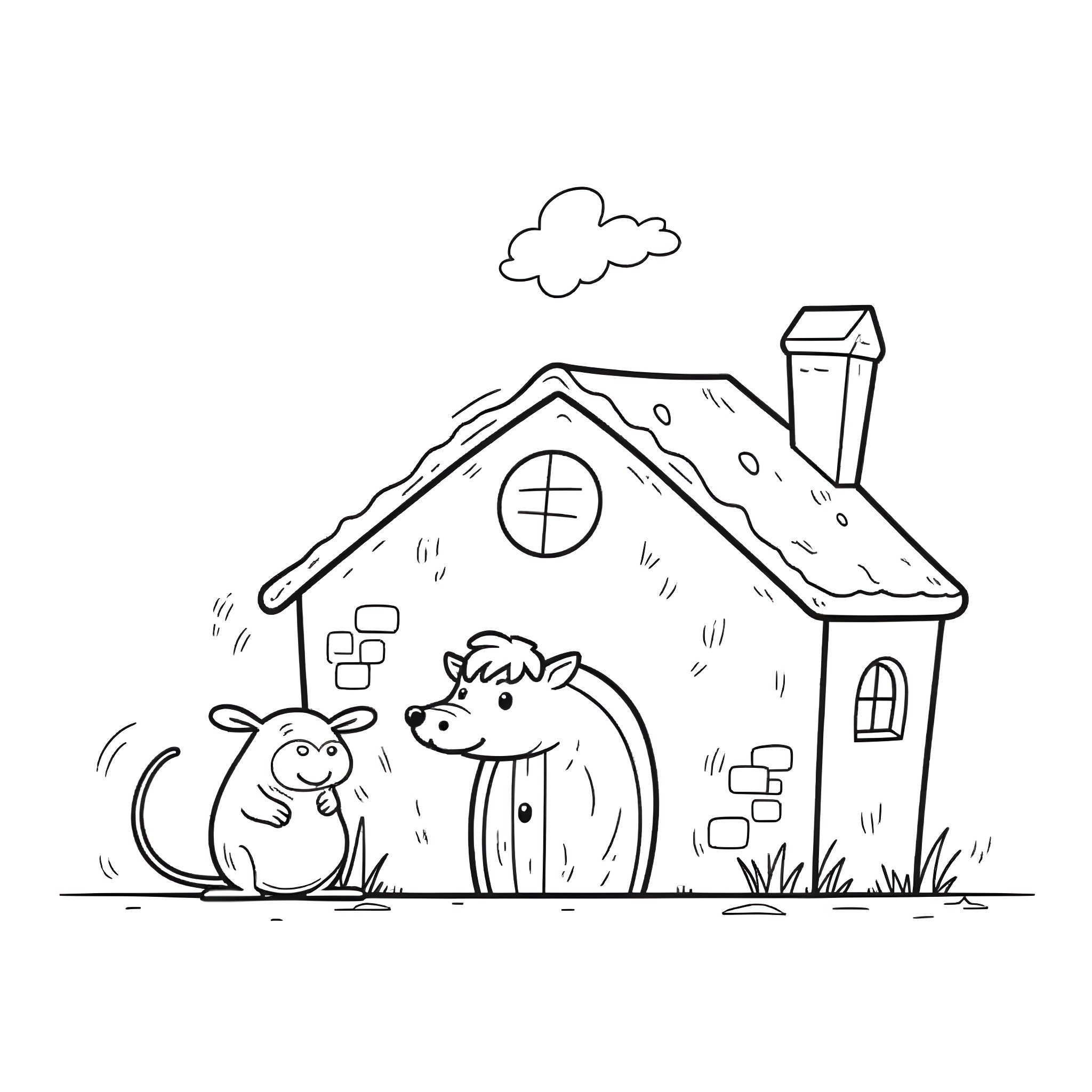 Mouse and dog playing outside a cozy house Coloring Page (free black-and-white line drawing printable PDF for all, from beginners to advanced learners, including children, teens, adults, and seniors)