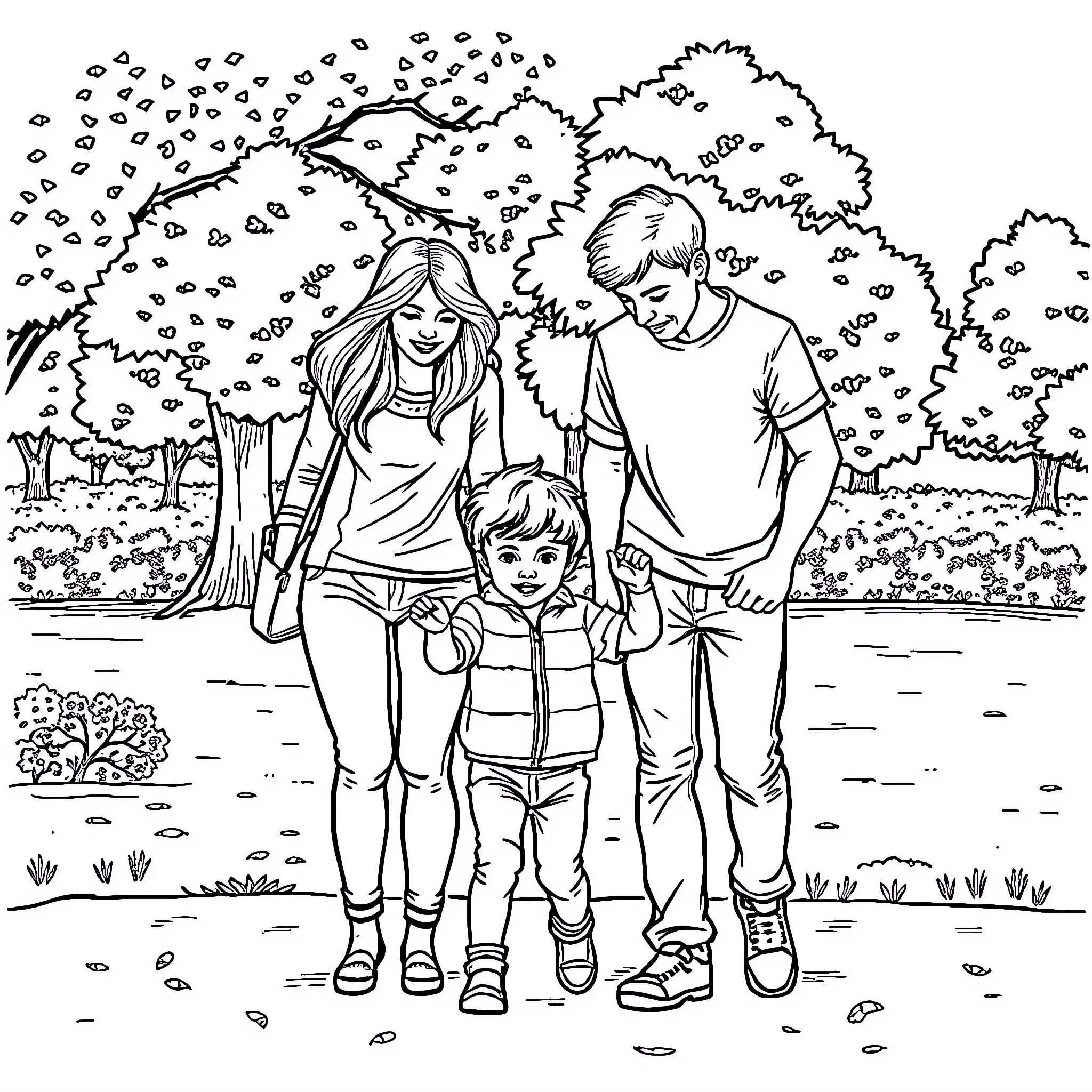 Family enjoying outdoor adventure in nature Coloring Page (free black-and-white line drawing printable PDF for all, from beginners to advanced learners, including children, teens, adults, and seniors)