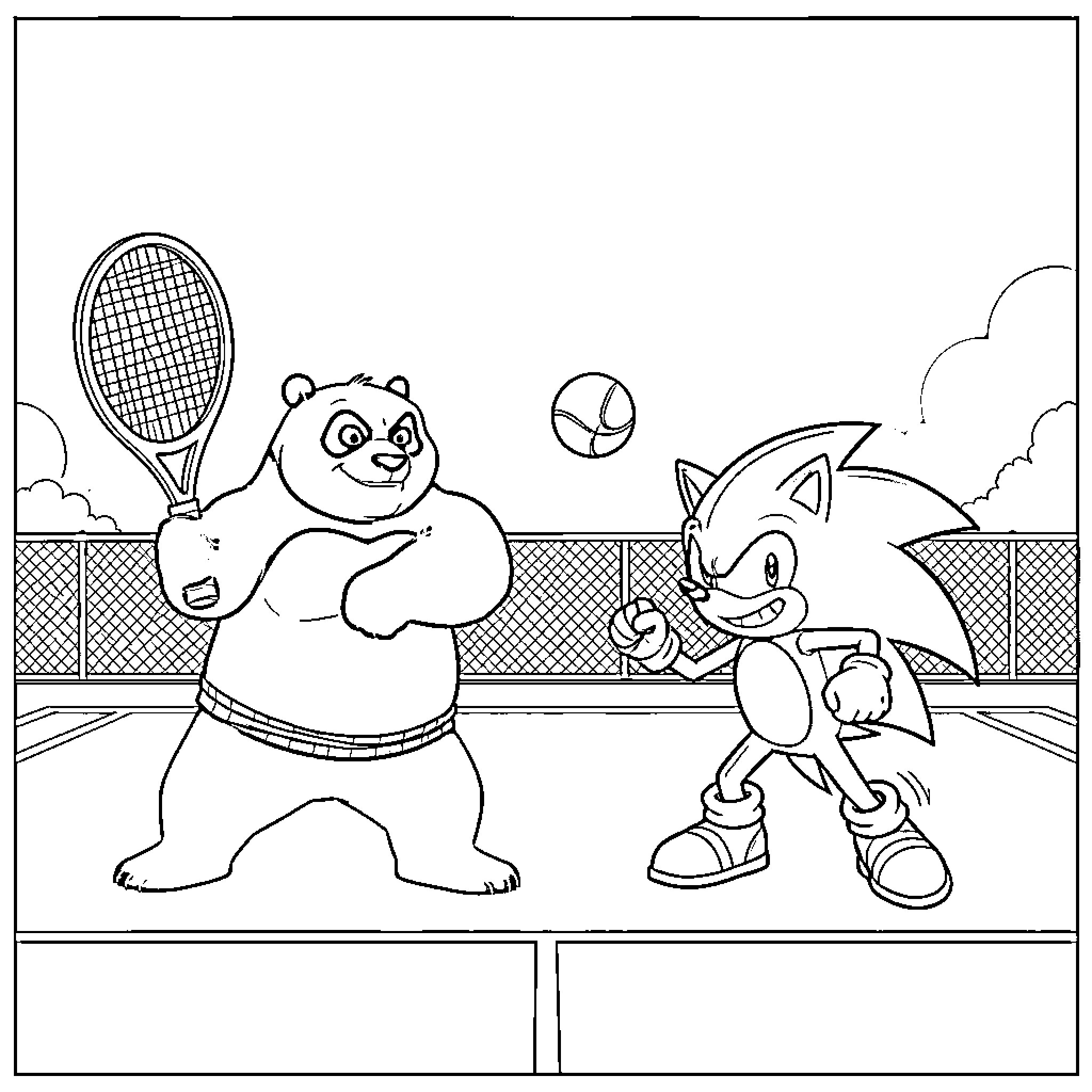 Panda and Hedgehog Playing Tennis Coloring Page (free black-and-white line drawing printable PDF for all, from beginners to advanced learners, including children, teens, adults, and seniors)