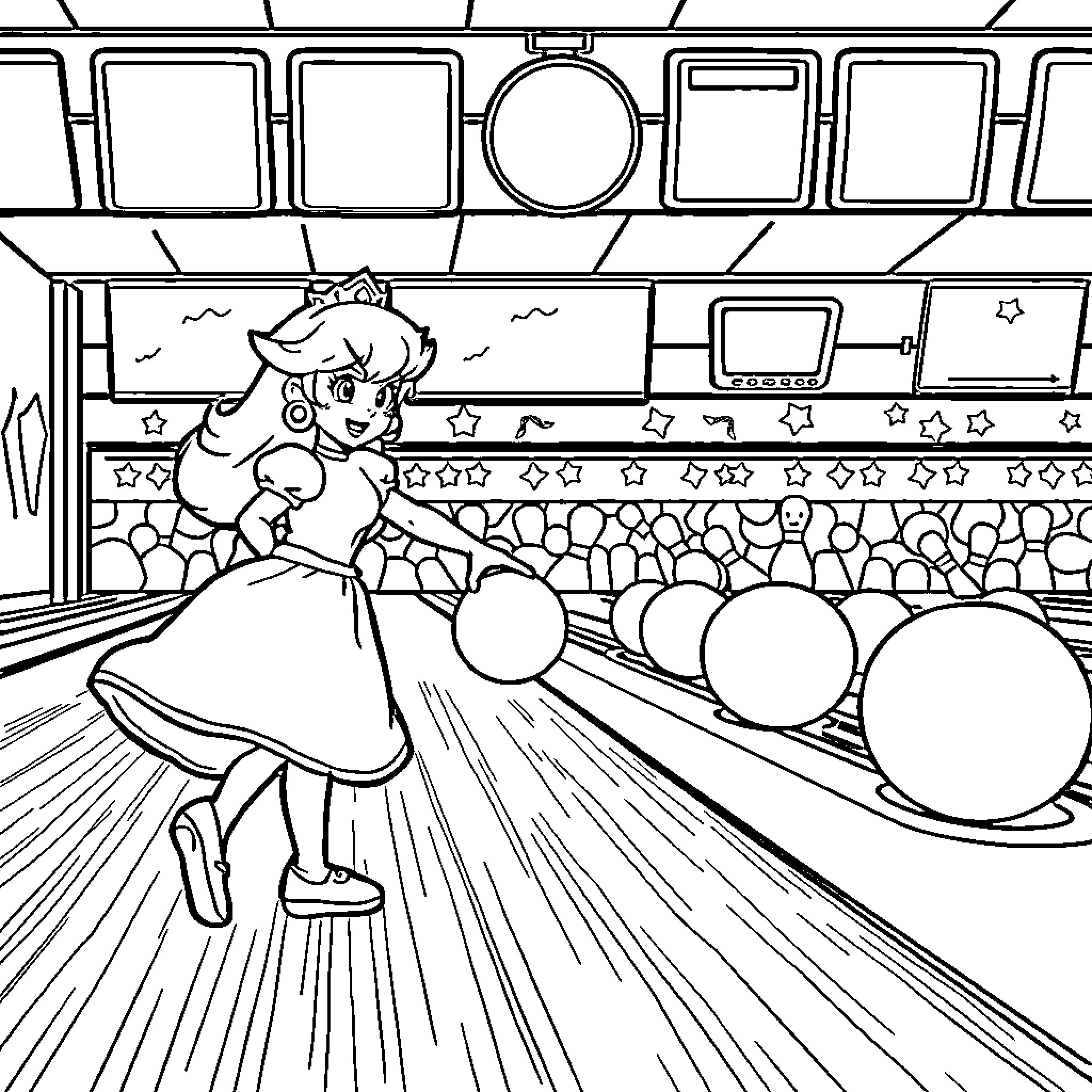 Princess Bowling with Joy and Excitement Coloring Page (free black-and-white line drawing printable PDF for all, from beginners to advanced learners, including children, teens, adults, and seniors)