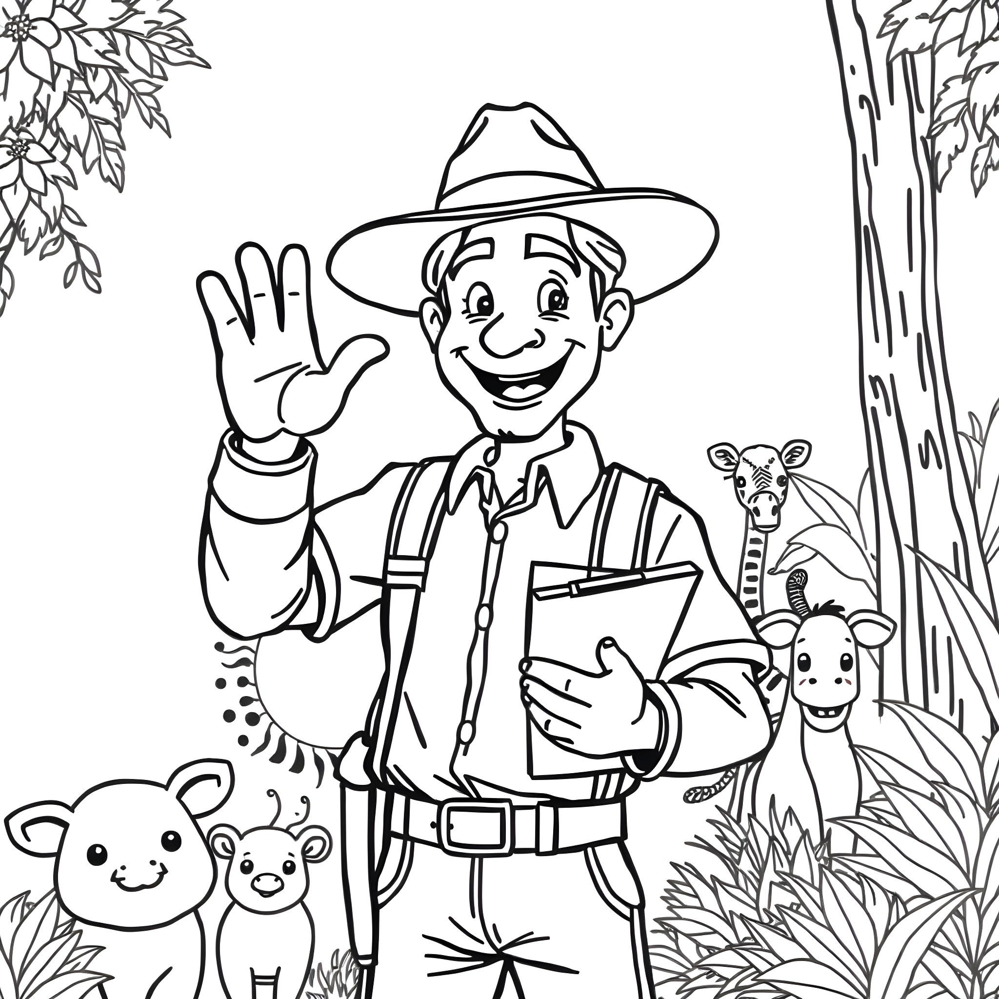 Zookeeper greeting cheerfully with animals in the wild Coloring Page (free black-and-white line drawing printable PDF for all, from beginners to advanced learners, including children, teens, adults, and seniors)