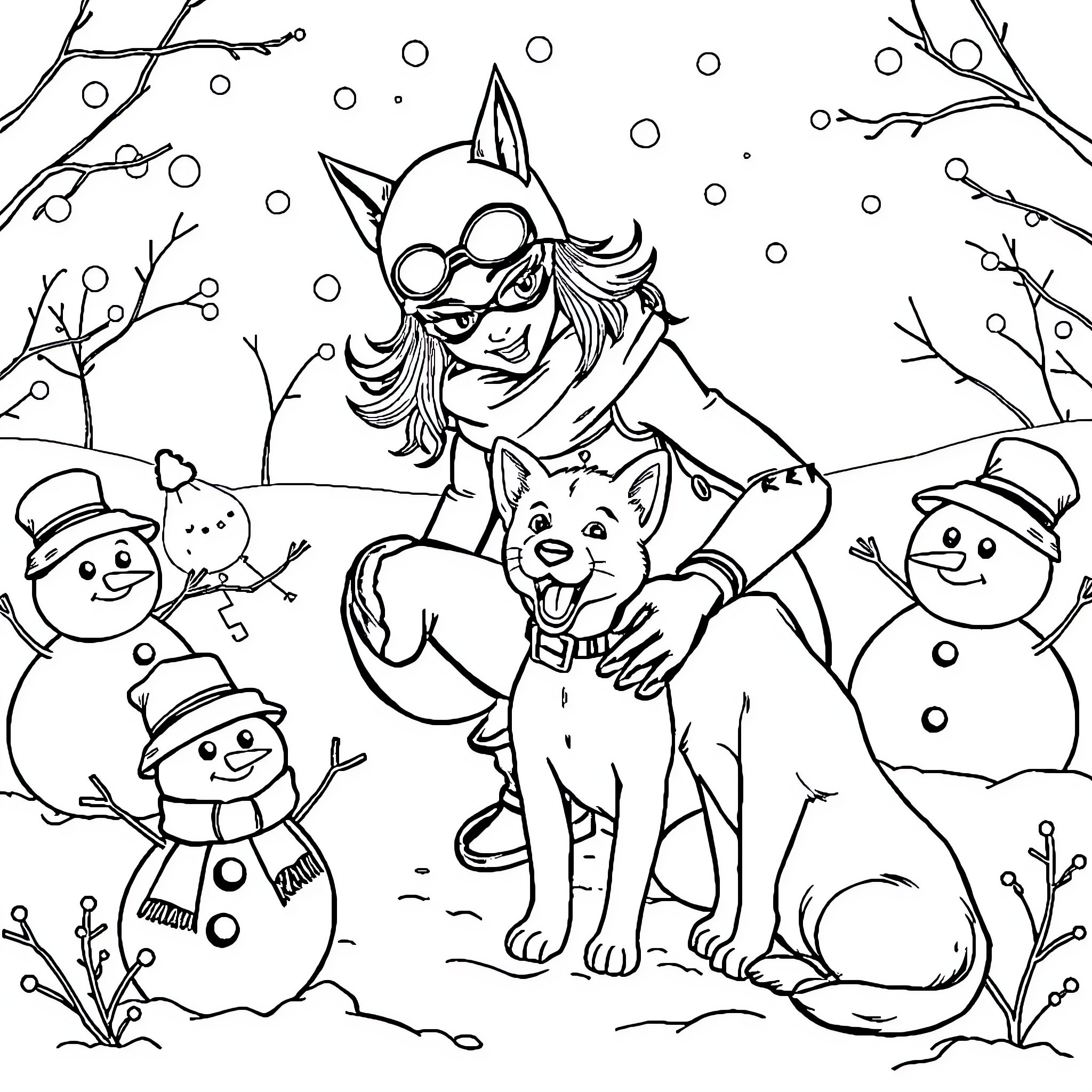 Catwoman and her Furry Companion in Snowy Wonderland Coloring Page (free black-and-white line drawing printable PDF for all, from beginners to advanced learners, including children, teens, adults, and seniors)