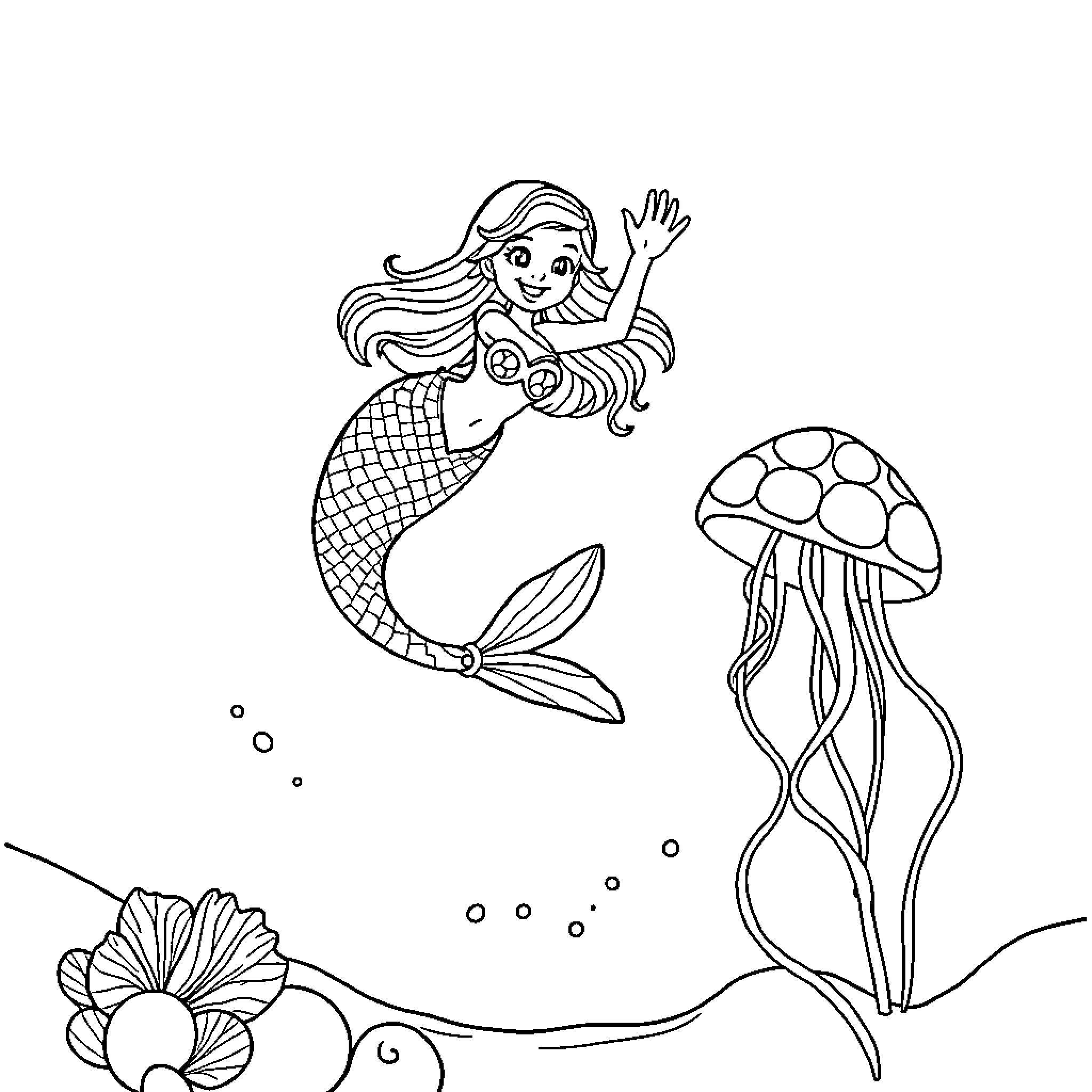 Mermaid playfully waving in the ocean with jellyfish Coloring Page (free black-and-white line drawing printable PDF for all, from beginners to advanced learners, including children, teens, adults, and seniors)